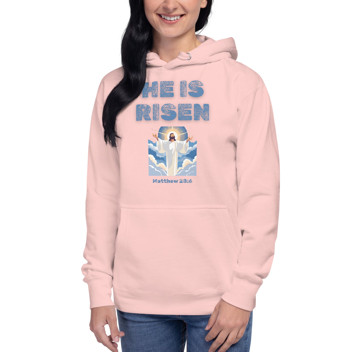 Light pink hoodie from Tees of Worship with He is risen text and Jesus graphic