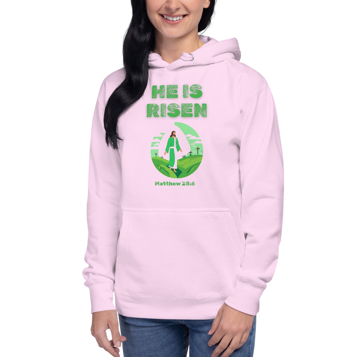 Tees of Worship light pink hoodie with He Is Risen text and Matthew 28:6 Bible verse graphic