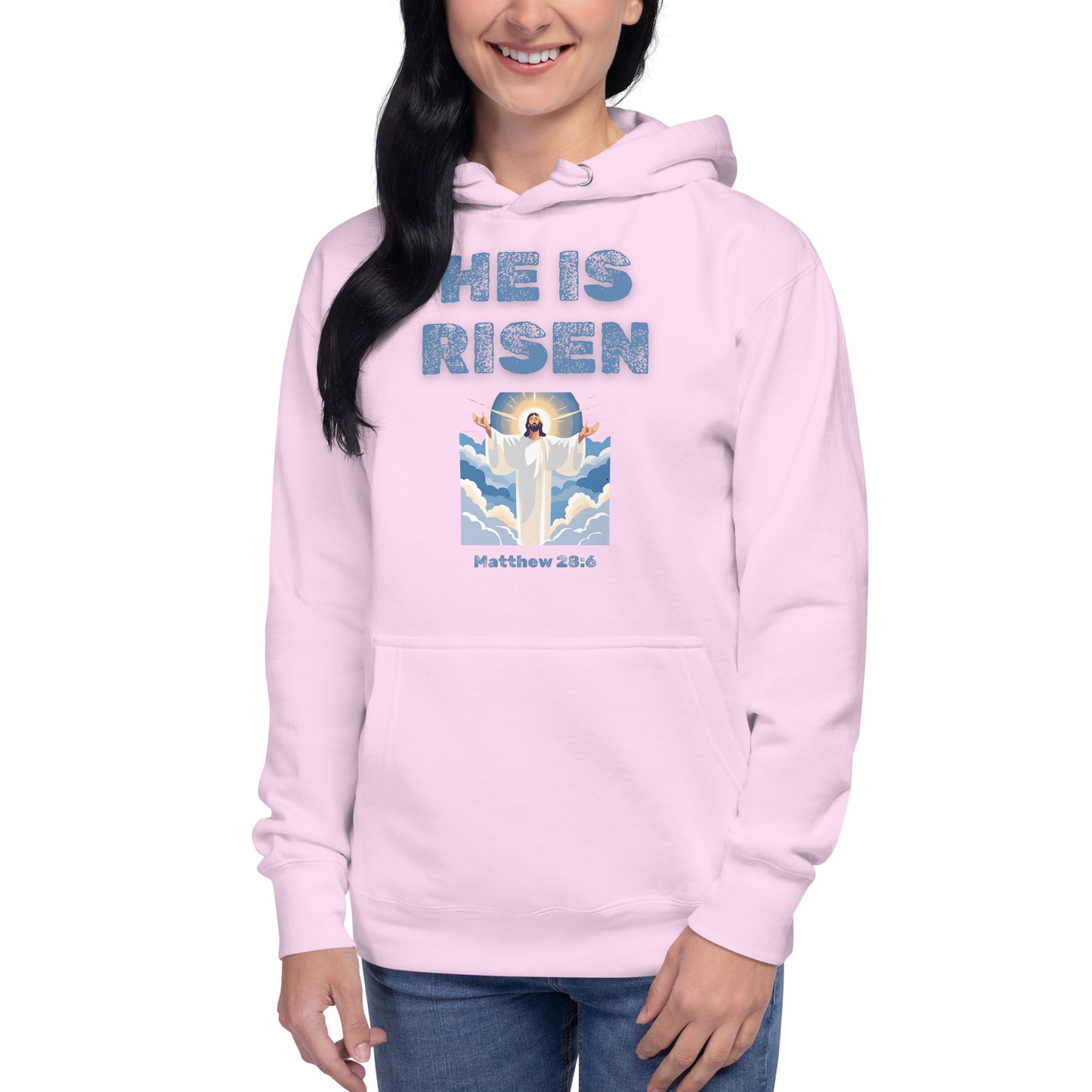 Light pink hoodie from Tees of Worship with He is risen text and Jesus graphic and Matthew 28 6 scripture