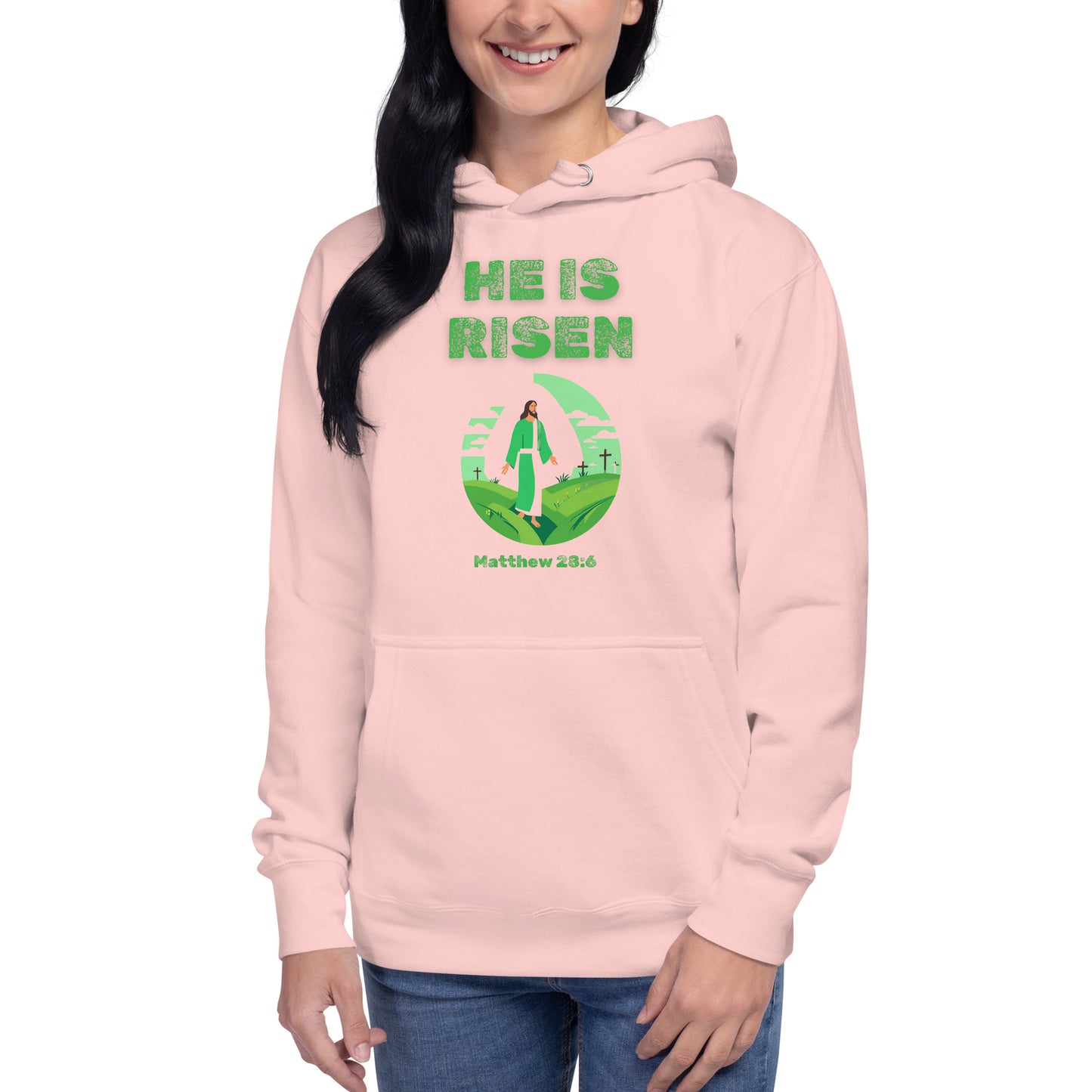 Pink hoodie from Tees of Worship with He Is Risen text and Matthew 28:6 religious design