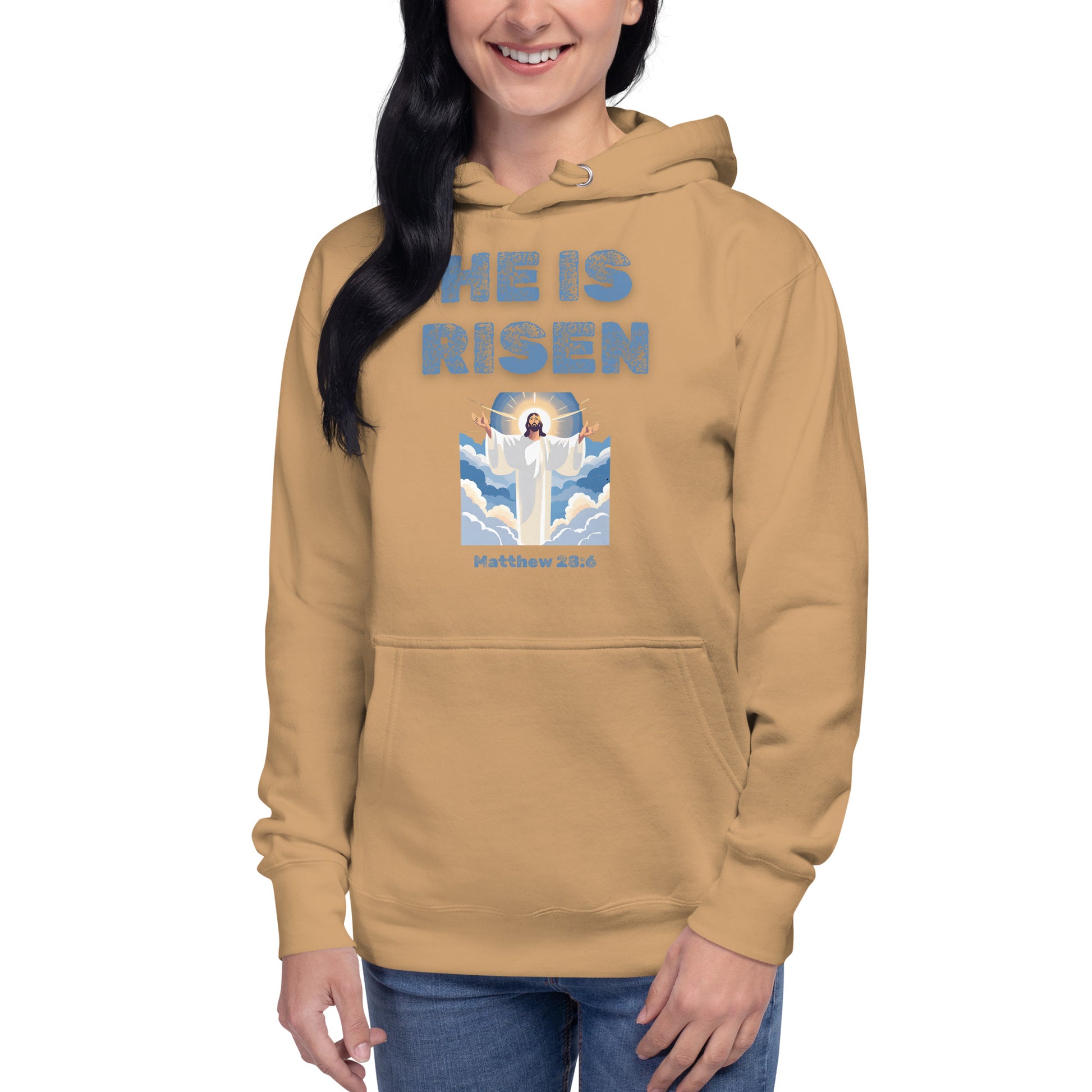 Tees of Worship tan hoodie with He is risen text and Jesus graphic from Matthew 28 6