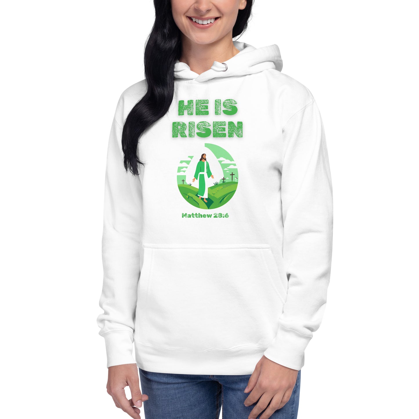 White hoodie from Tees of Worship with green He Is Risen text and Matthew 28 6 design