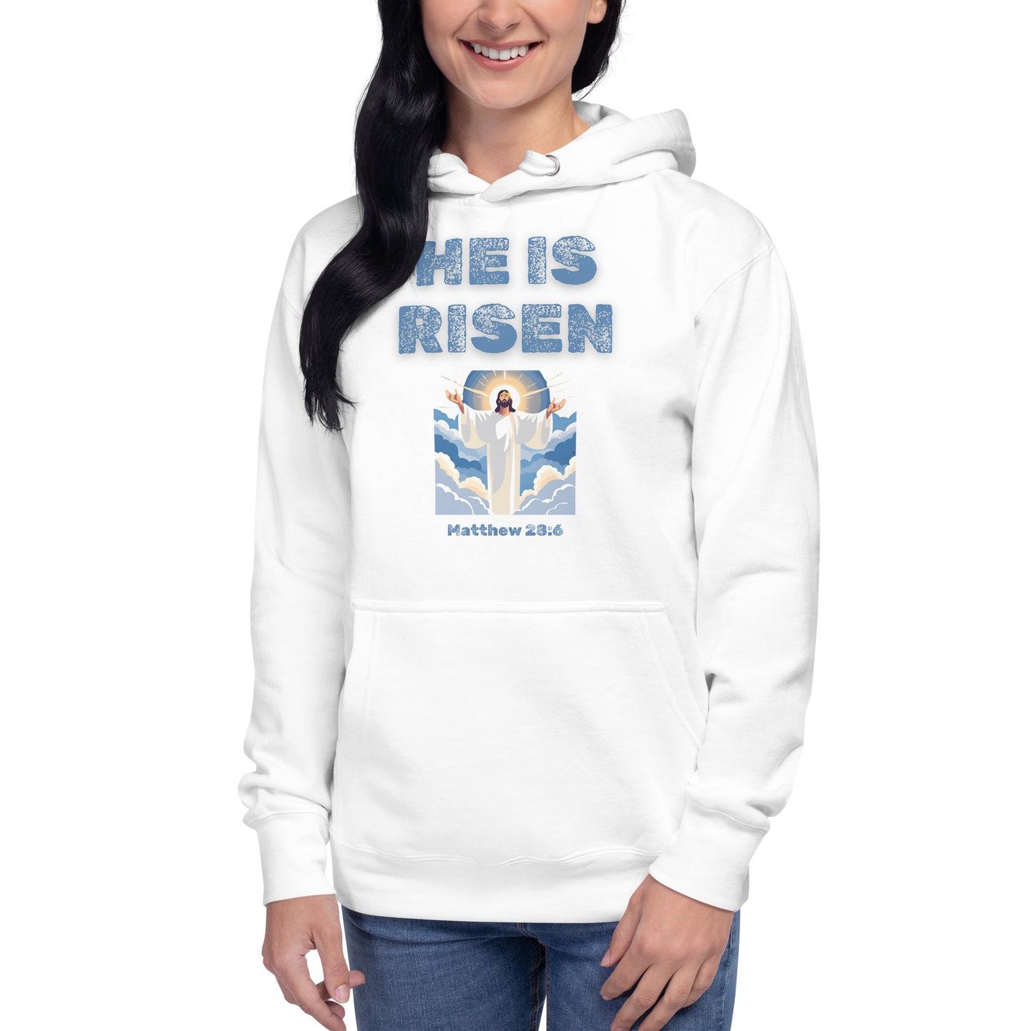 White hoodie from Tees of Worship with He is risen text and Jesus illustration from Matthew 28 6