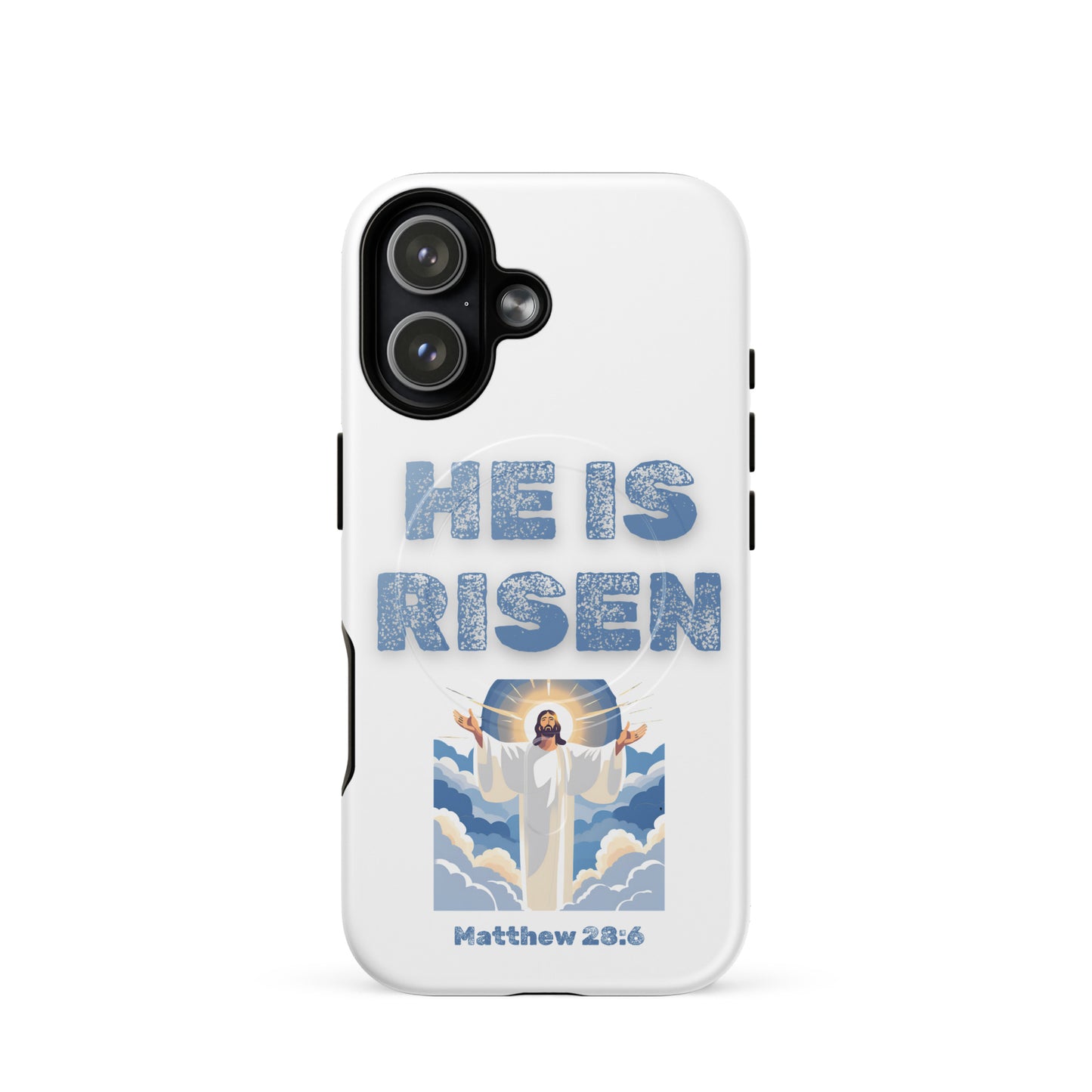 Tees of Worship white phone case with He Is Risen text and Jesus illustration from Matthew 28 6
