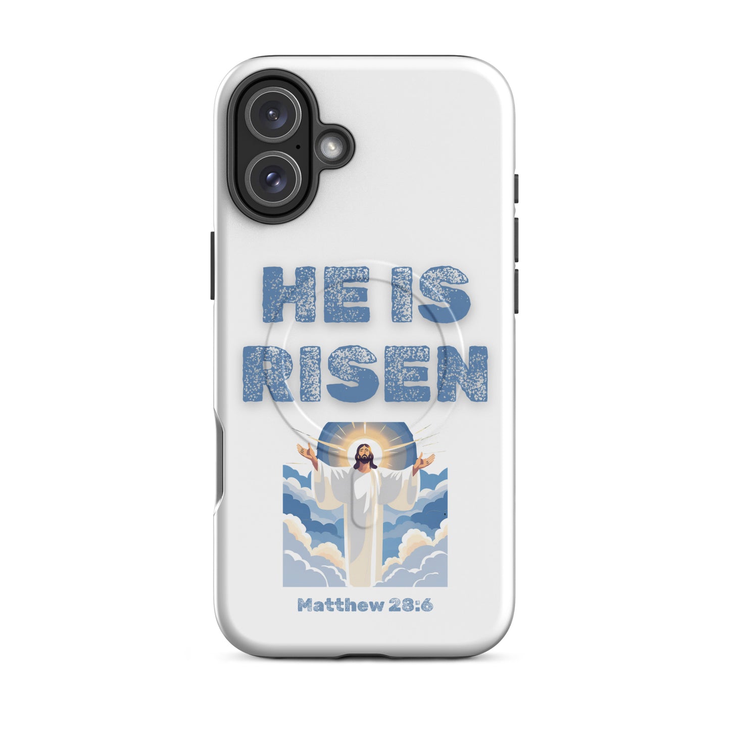 Tees of Worship phone case with He Is Risen text and Jesus illustration with clouds and Matthew 28:6 verse
