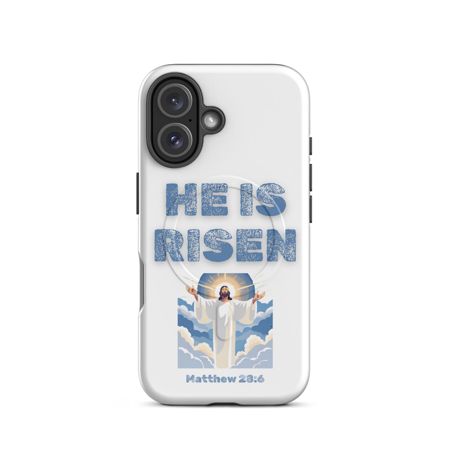 White phone case by Tees of Worship featuring He Is Risen text and Jesus illustration with Matthew 28:6 verse