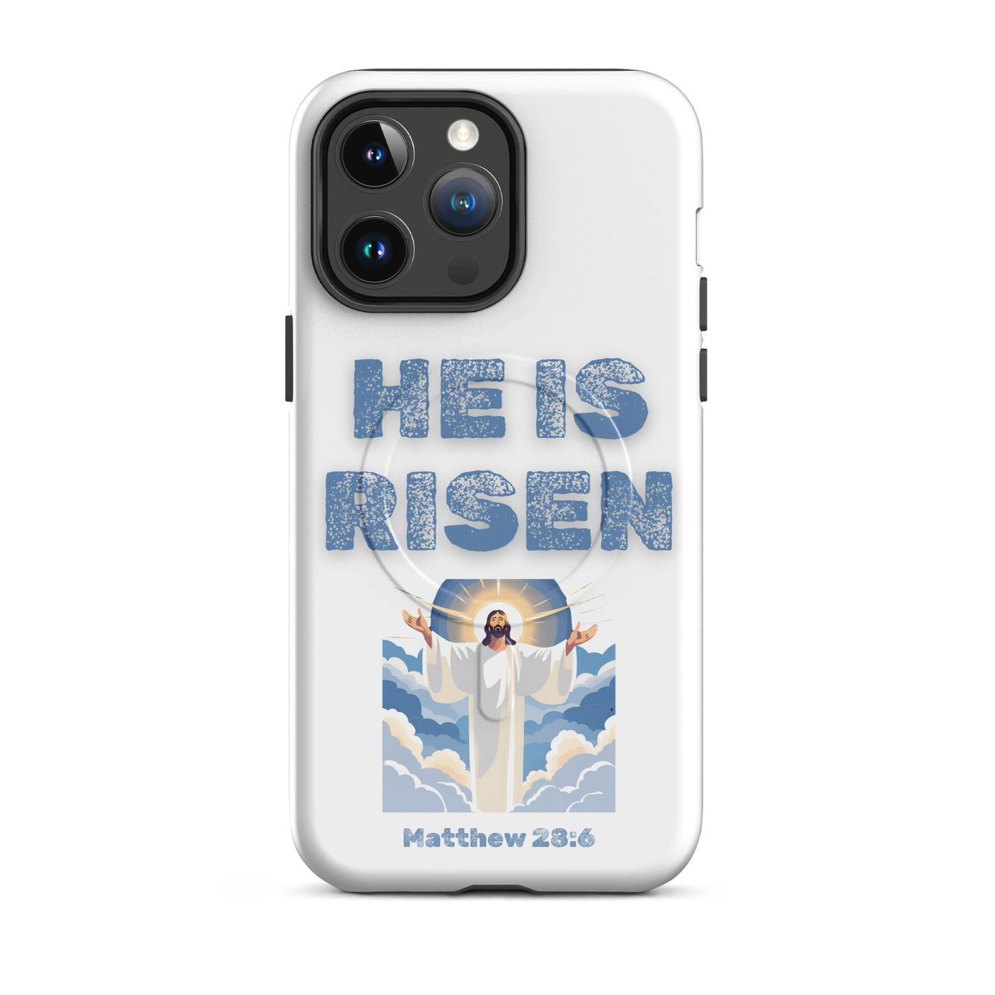 Tees of Worship white phone case with He Is Risen text and Jesus illustration Matthew 28:6