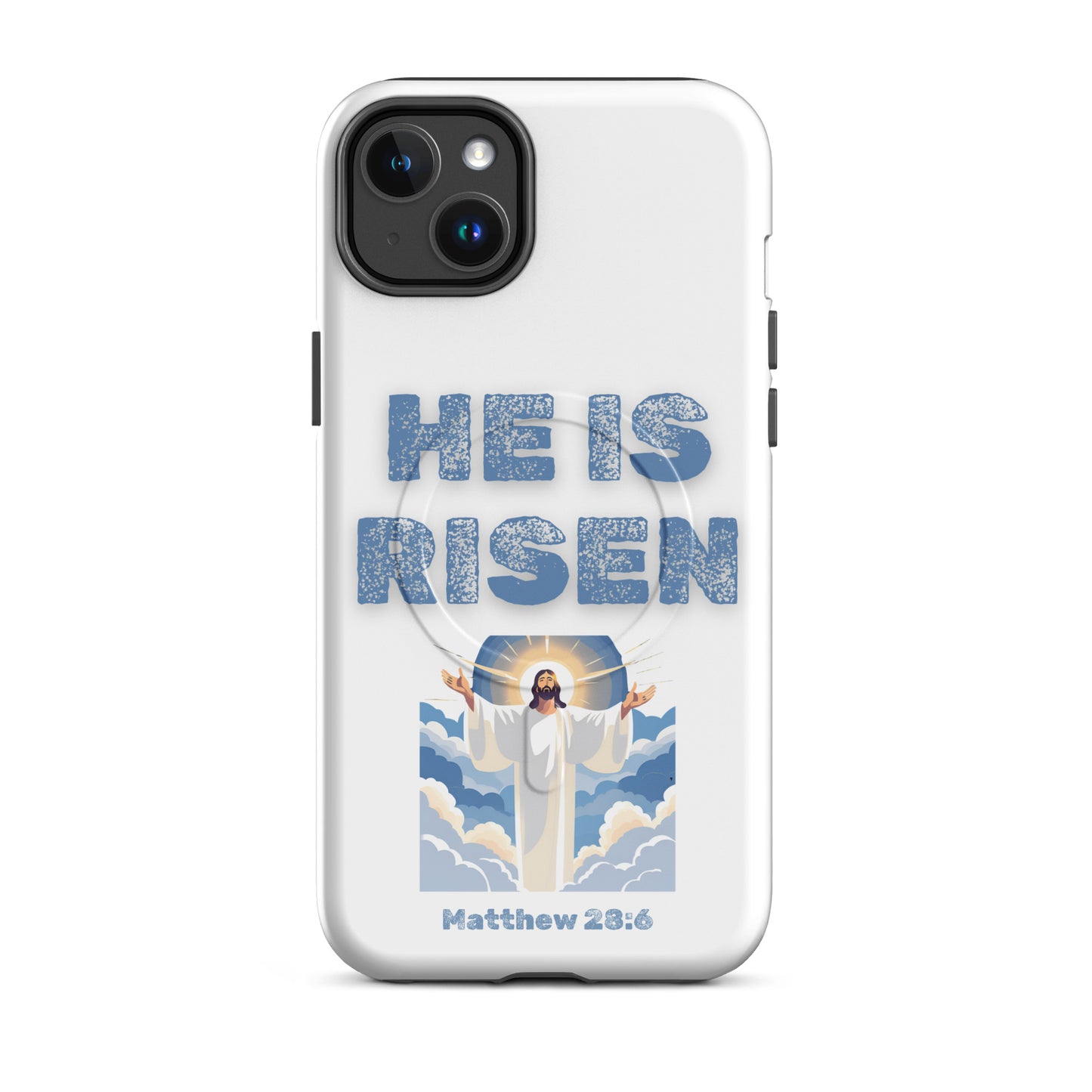 White phone case from Tees of Worship with He Is Risen text and Jesus illustration Matthew 28 6