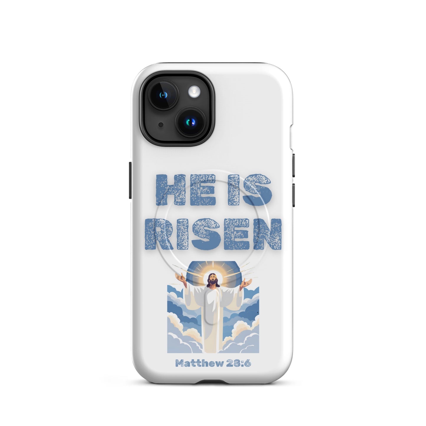 White phone case by Tees of Worship with He Is Risen text and Jesus illustration from Matthew 28 6
