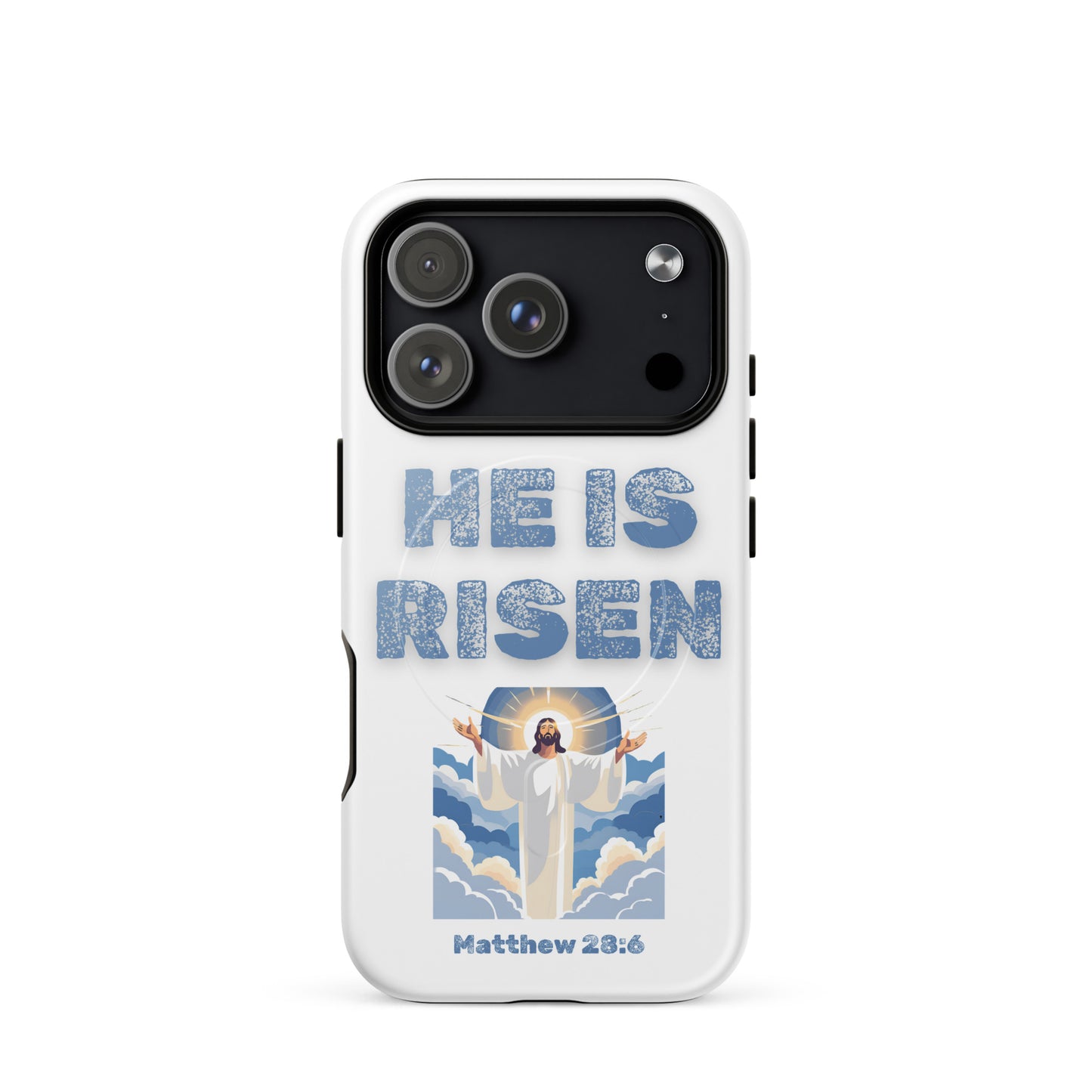 Tees of Worship white phone case with He Is Risen text and Jesus illustration Matthew 28 6