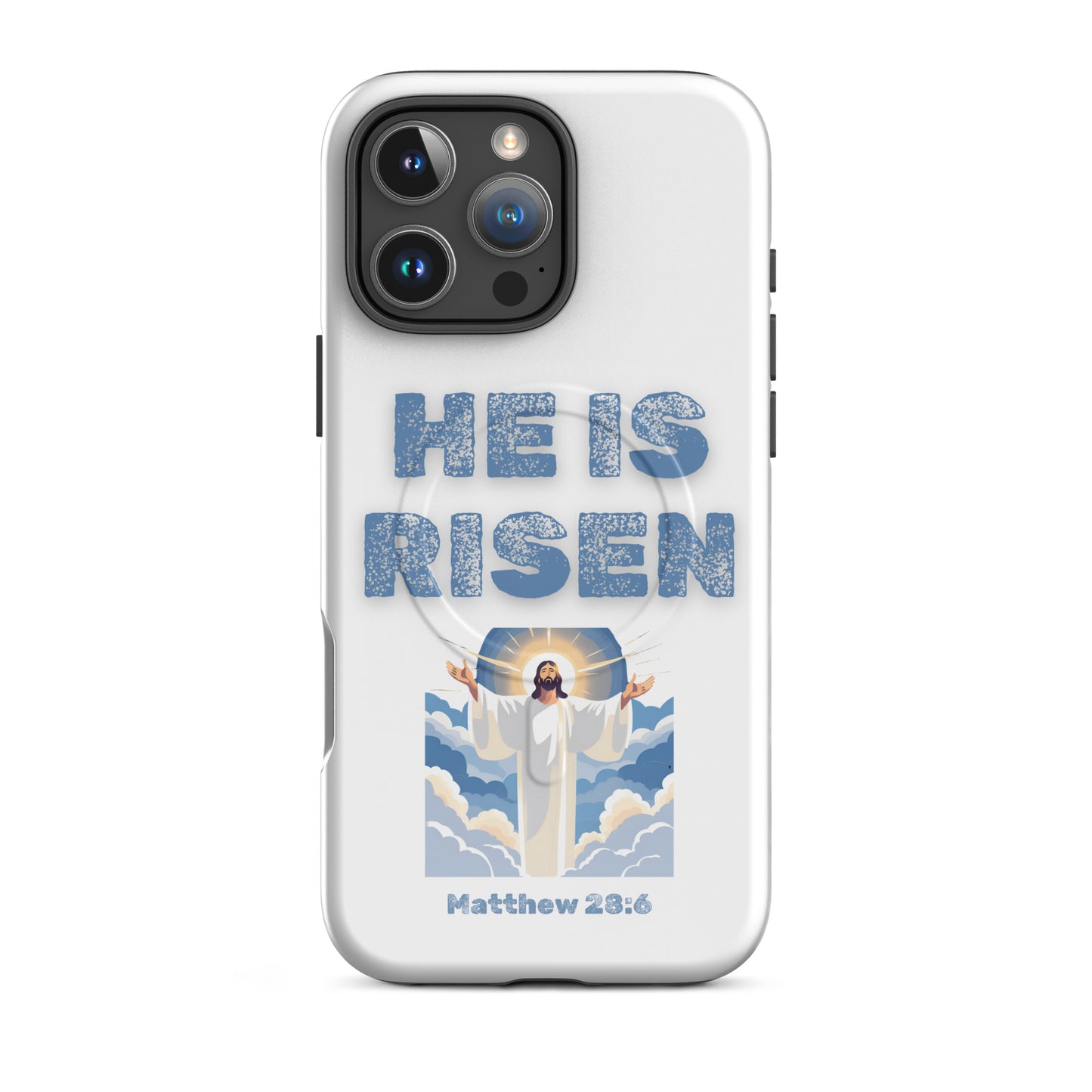 Tees of Worship phone case with He Is Risen text and Jesus illustration from Matthew 28 6