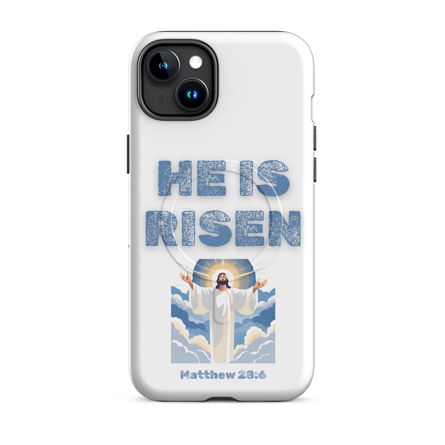 Tees of Worship phone case with He Is Risen text and Jesus graphic from Matthew 28:6
