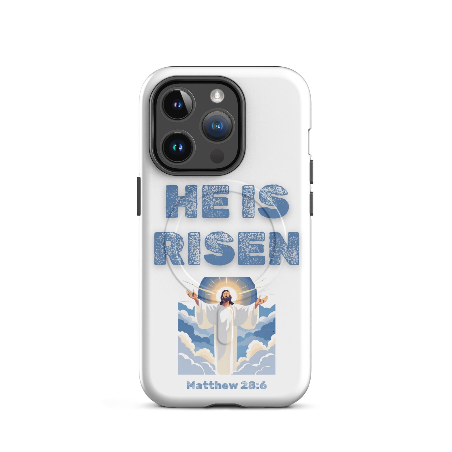 He Is Risen phone case by Tees of Worship featuring Jesus with outstretched arms and Matthew 28:6 verse