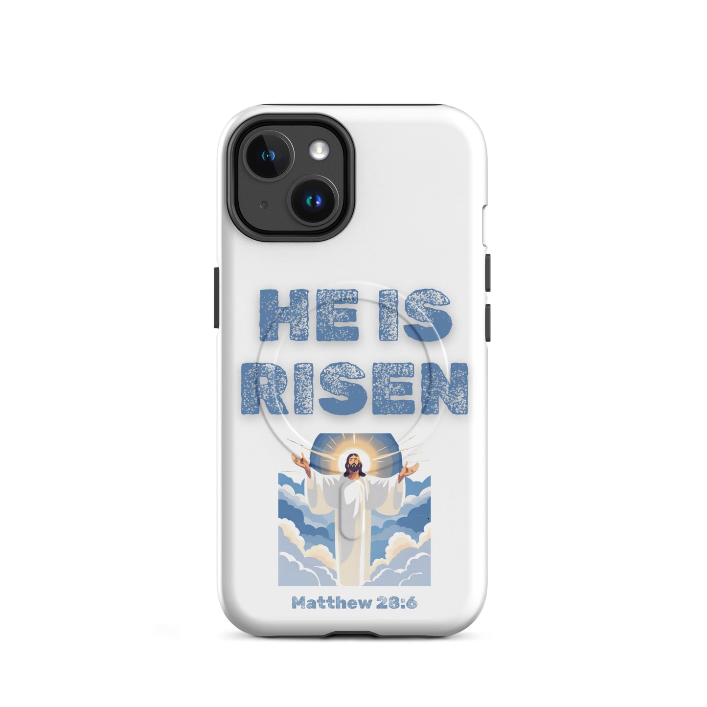 Tees of Worship phone case with He Is Risen text and Jesus illustration from Matthew 28:6