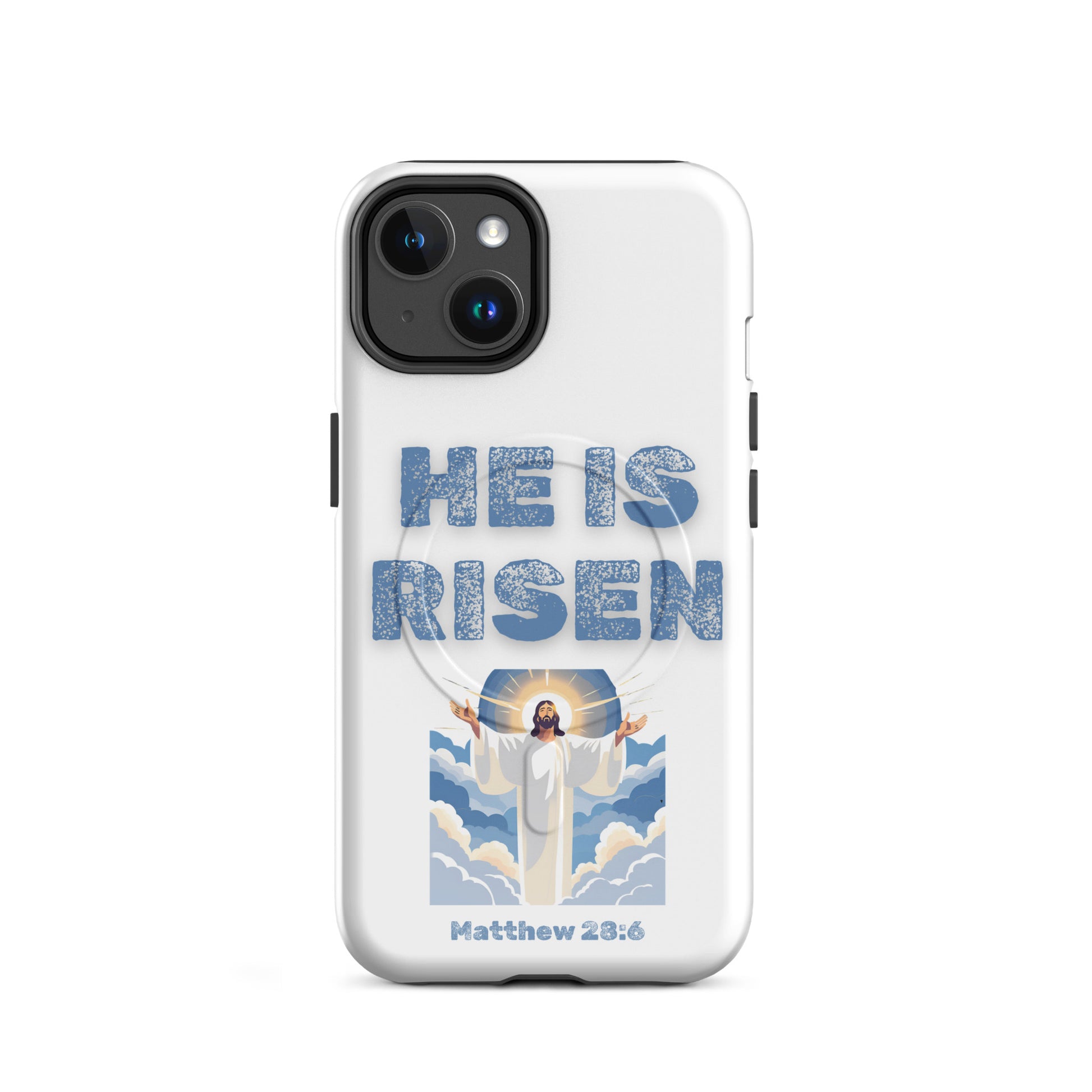 Tees of Worship phone case with He Is Risen text and Jesus illustration from Matthew 28:6