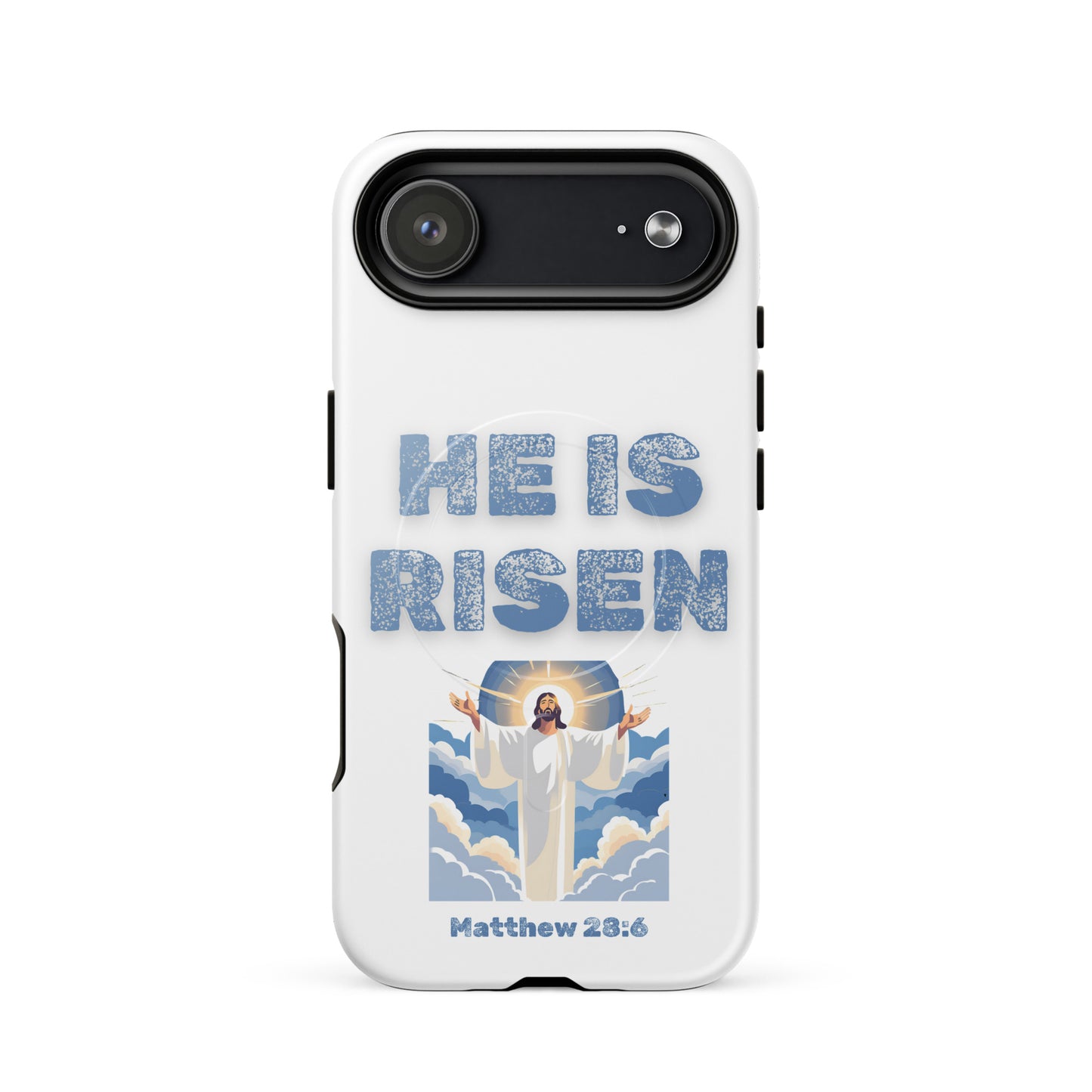 He Is Risen phone case by Tees of Worship with Jesus illustration and Matthew 28:6 Bible verse