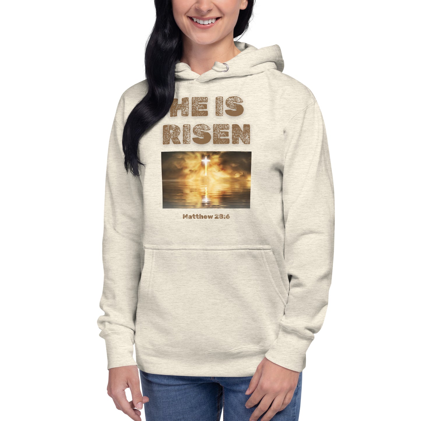Tees of Worship hoodie with He is Risen text and cross graphic on light beige pullover