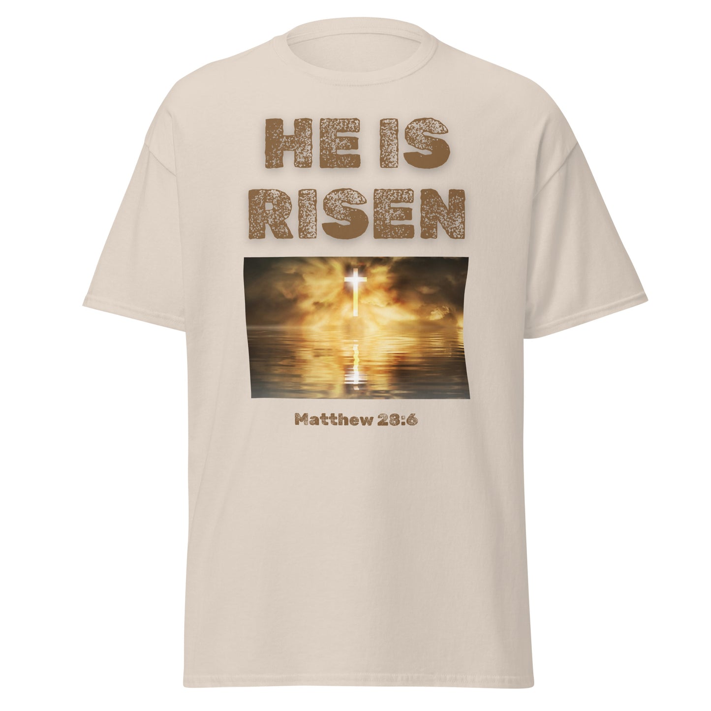 He is risen T-shirt with cross and sunset reflection design by Tees of Worship