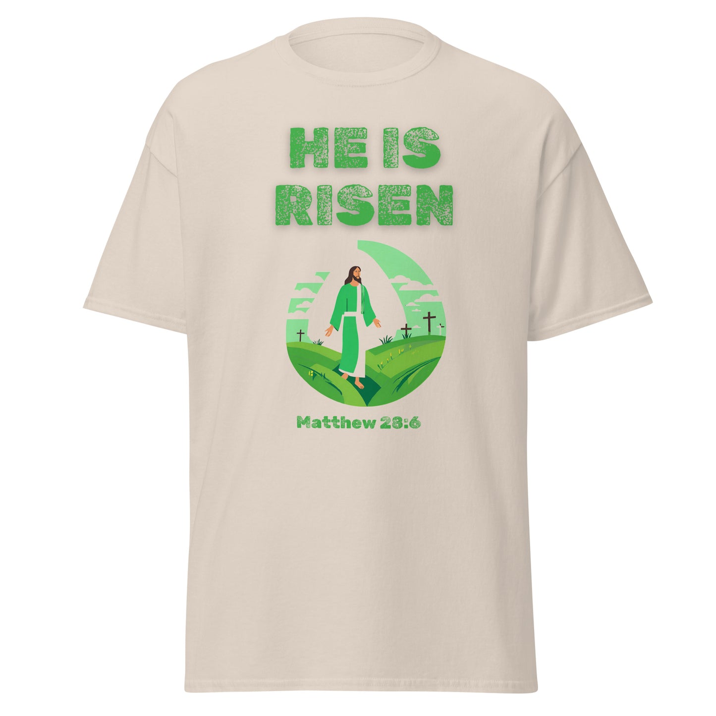 Beige T-shirt from Tees of Worship with He Is Risen text and Jesus graphic Matthew 28 6 design