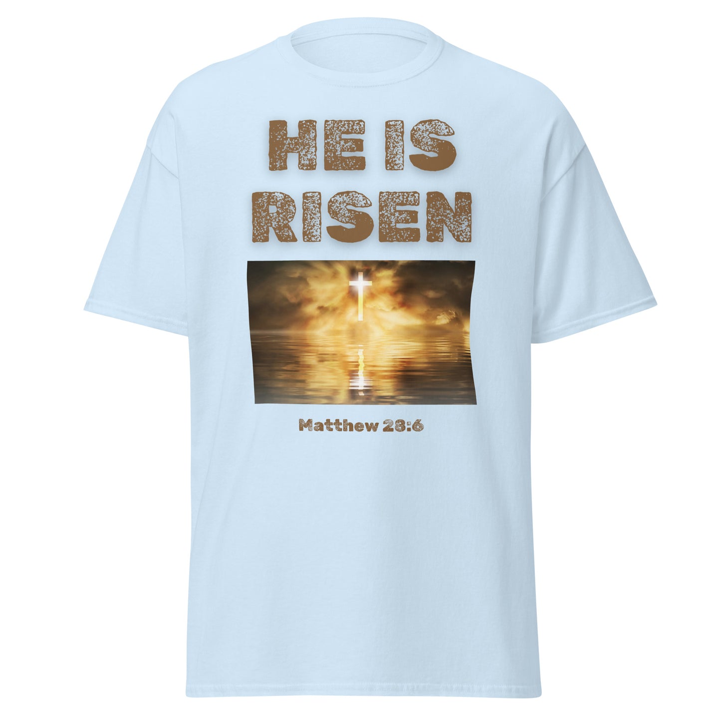 Light blue He Is Risen T-shirt with cross and Matthew 28:6 scripture from Tees of Worship