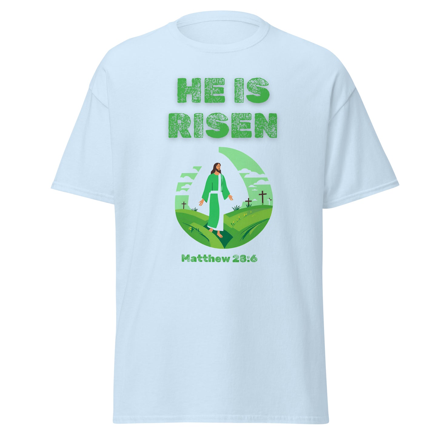 Light blue He Is Risen t-shirt by Tees of Worship featuring Jesus and Matthew 28:6 design