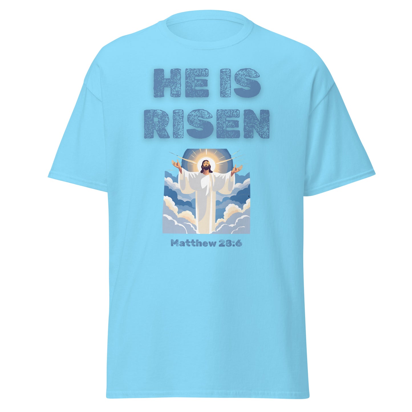 Light blue Tees of Worship t-shirt with He Is Risen text and Jesus illustration