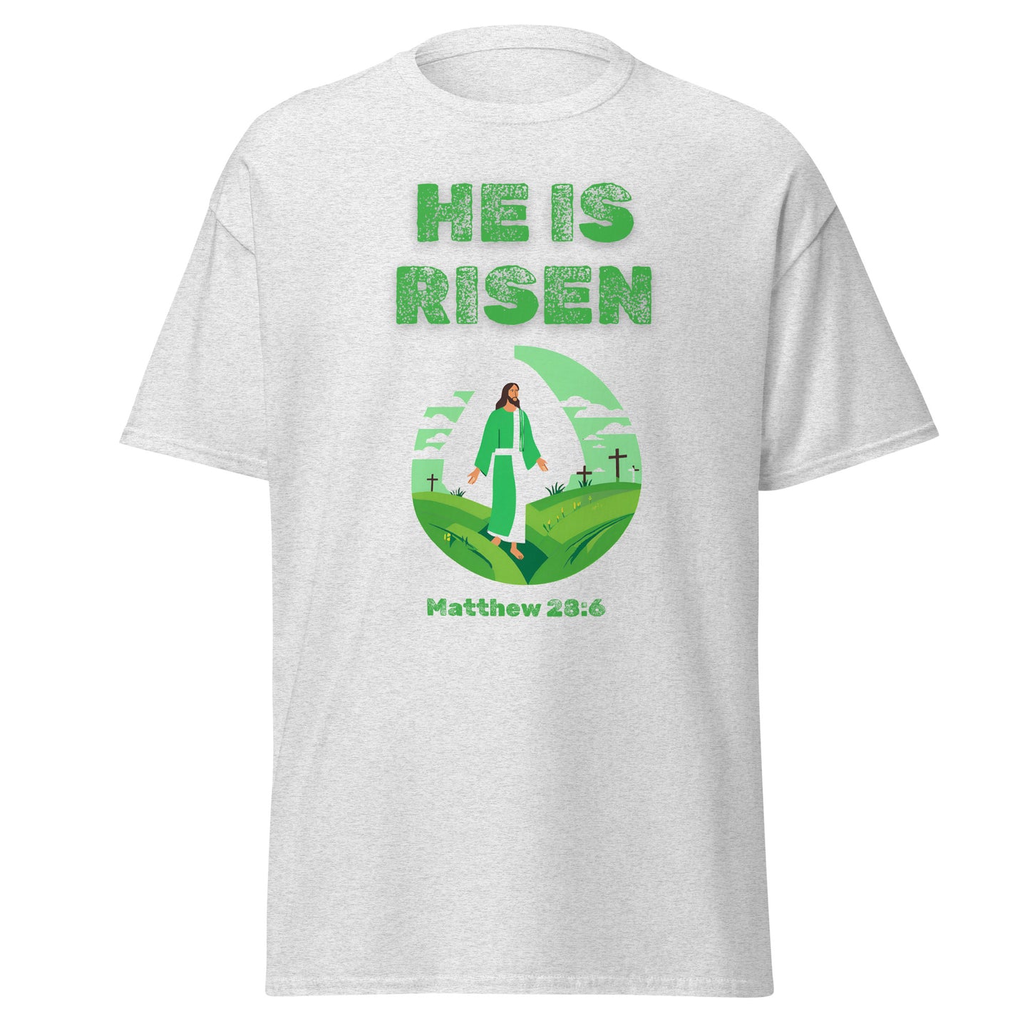He Is Risen white T-shirt from Tees of Worship with green text and Jesus graphic on front