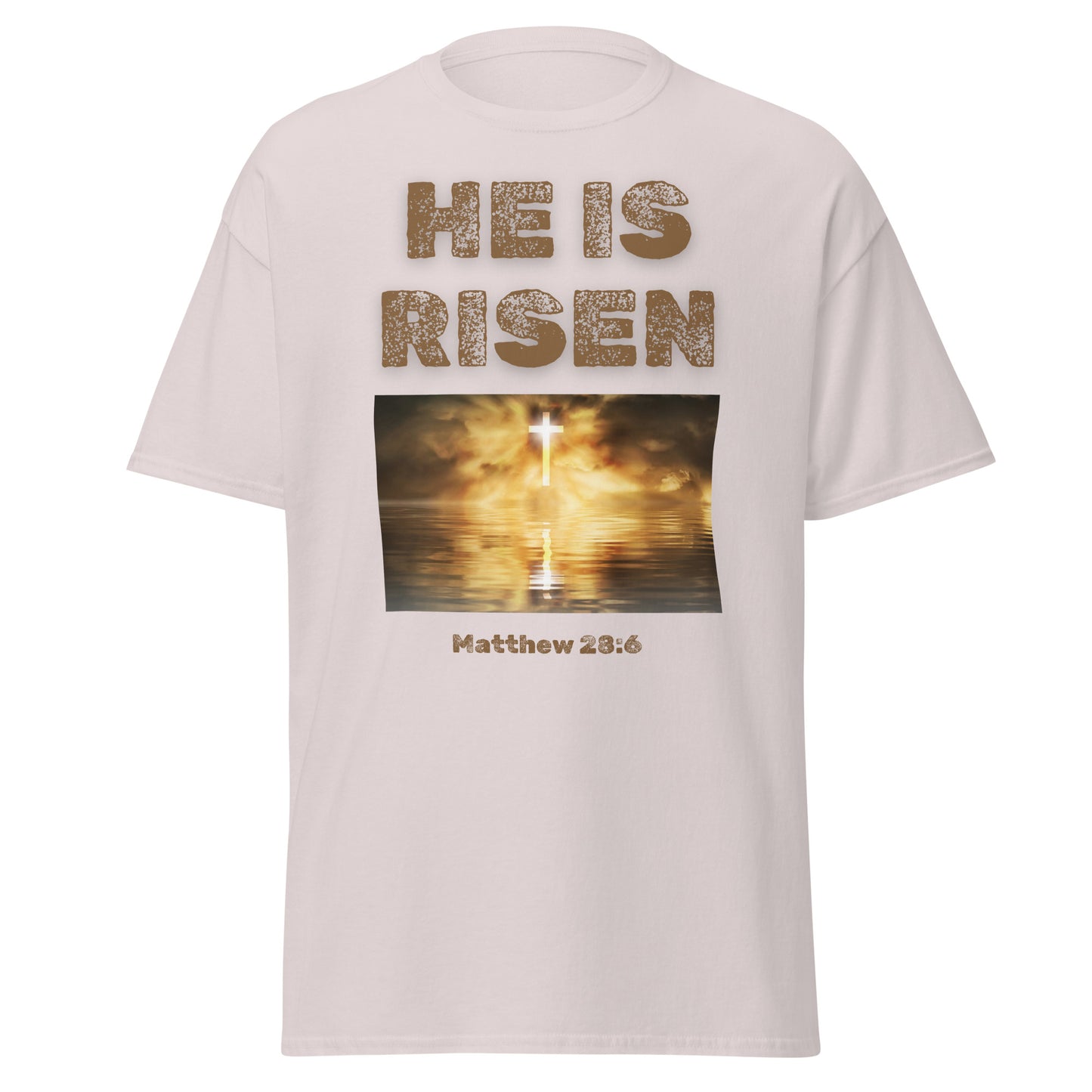 He Is Risen T-shirt by Tees of Worship with glowing cross and Matthew 28:6 scripture design