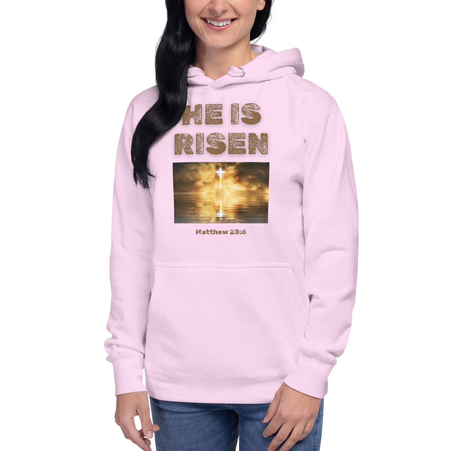 Tees of Worship pink hoodie with He is Risen text and glowing cross design from Matthew 28 6