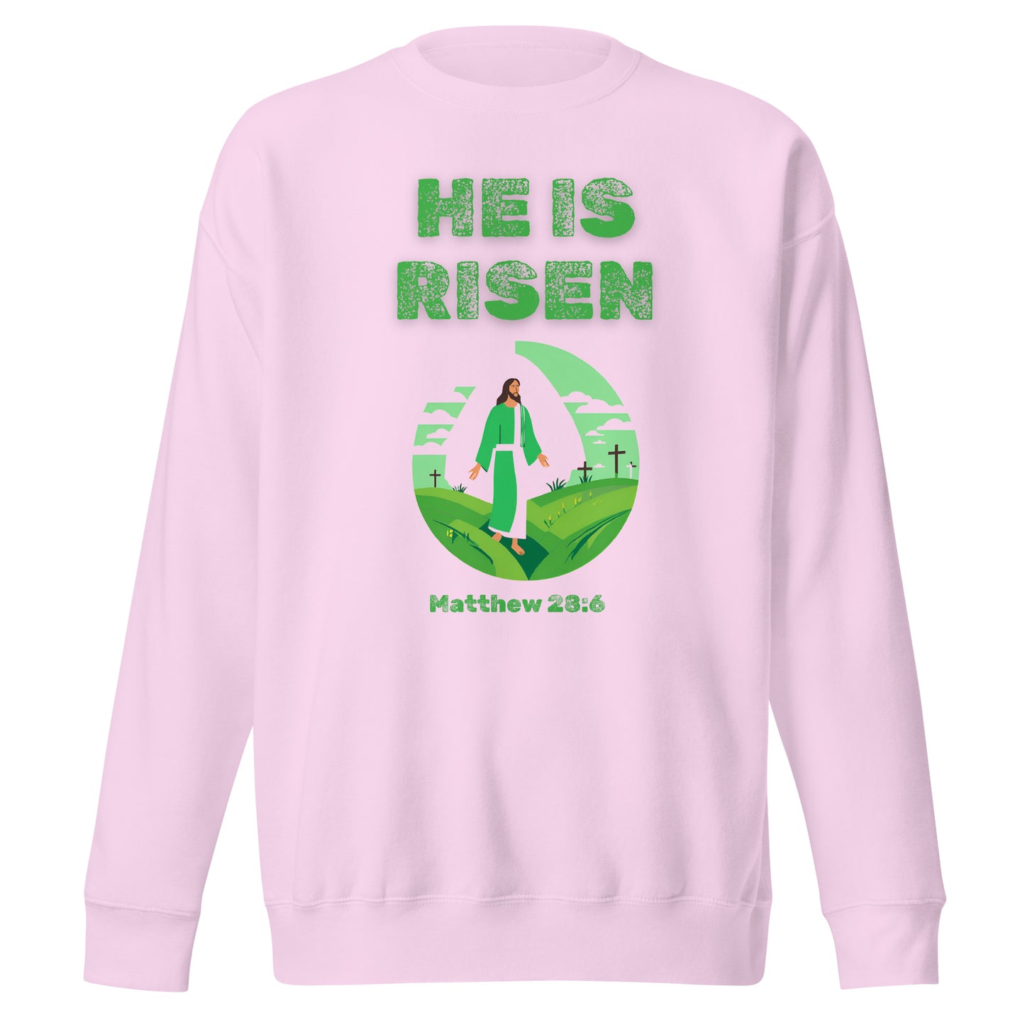 Light pink sweatshirt with He Is Risen text and Jesus illustration from Tees of Worship