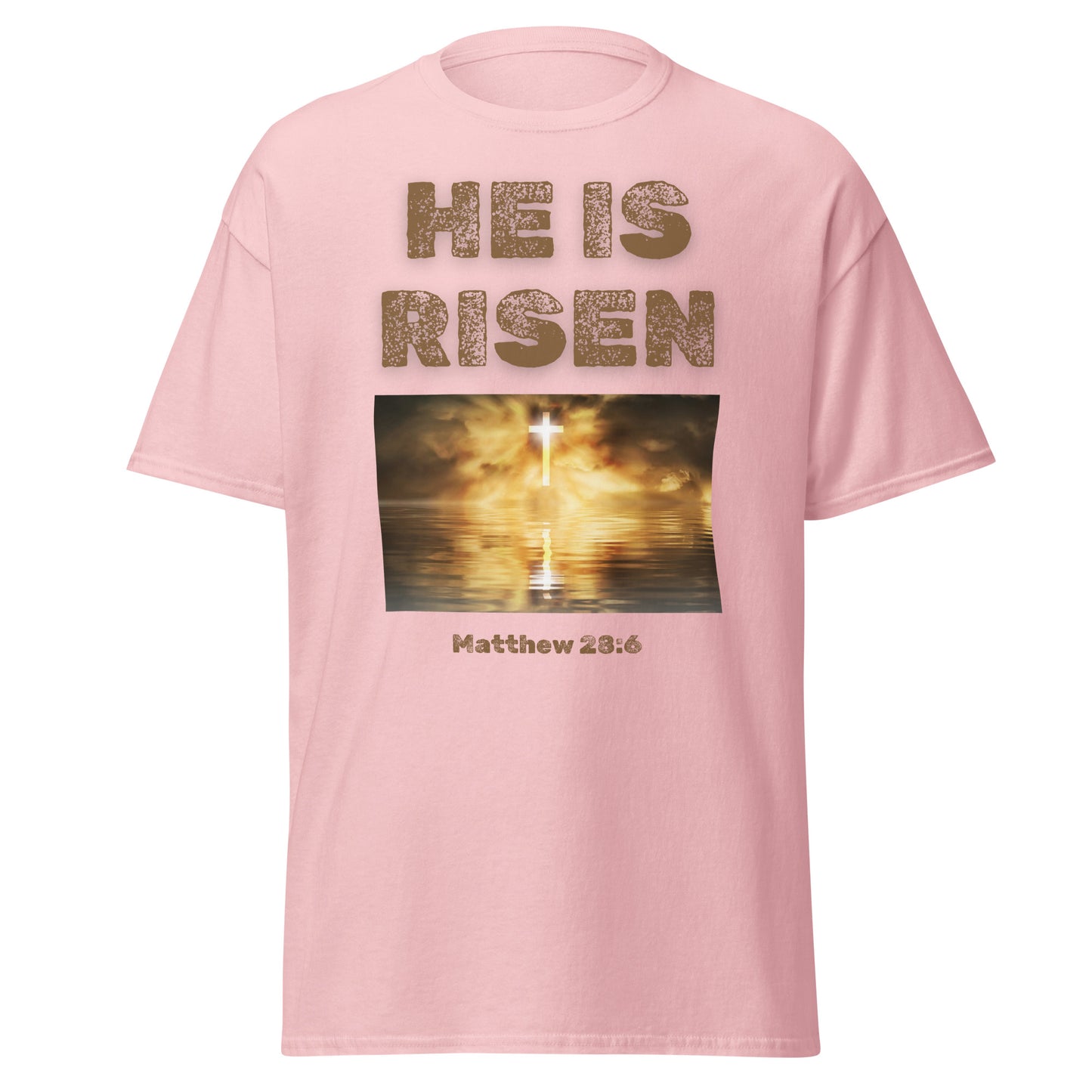 Pink He Is Risen Christian T-shirt with glowing cross and Matthew 28:6 Bible verse print