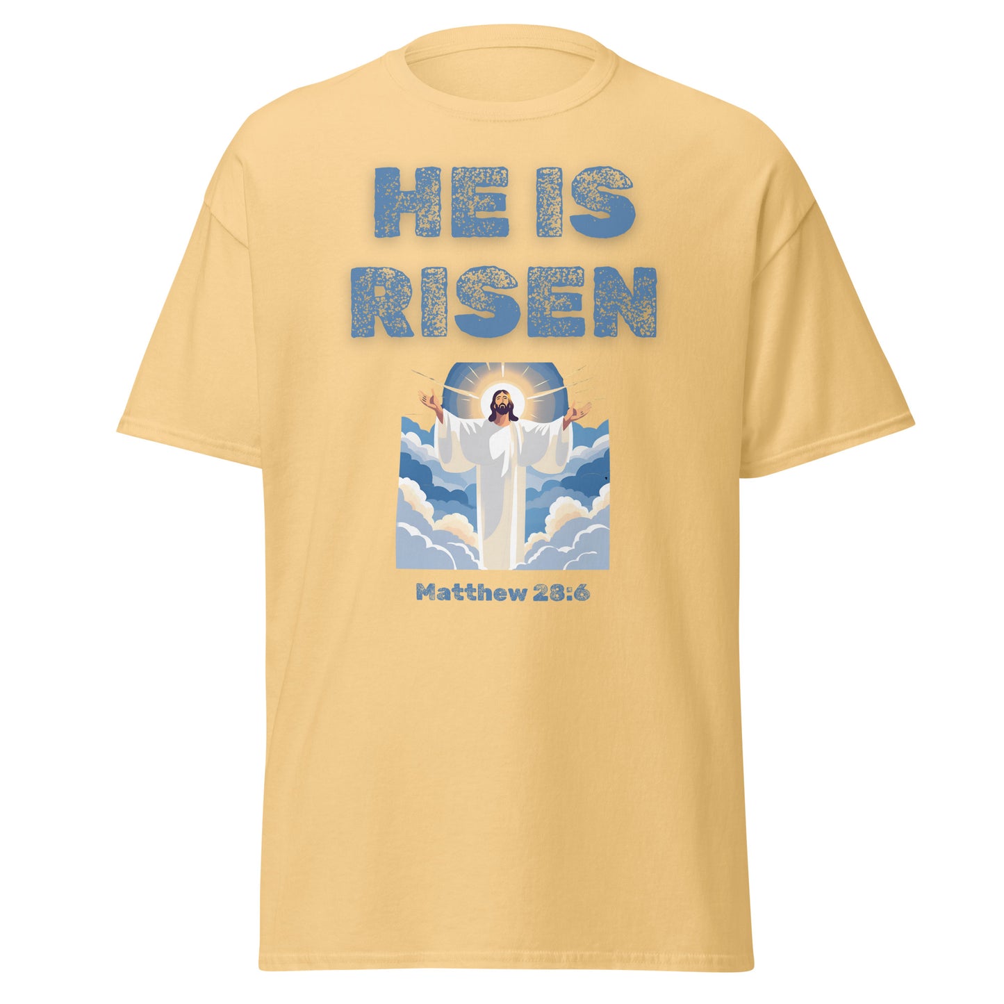 Tees of Worship yellow t-shirt with He Is Risen text and Jesus rising illustration