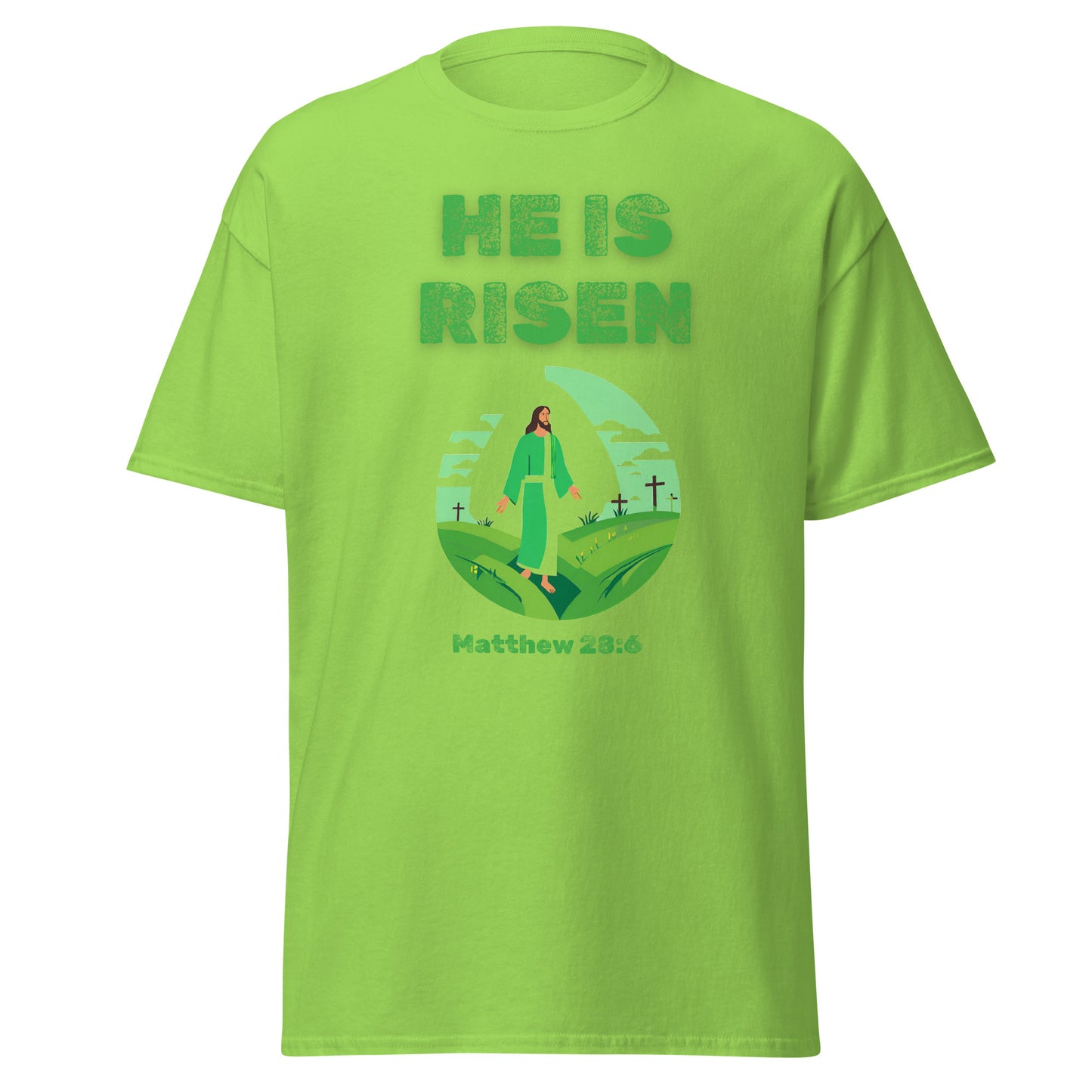 Green Tees of Worship t-shirt with He Is Risen text and Jesus illustration with crosses