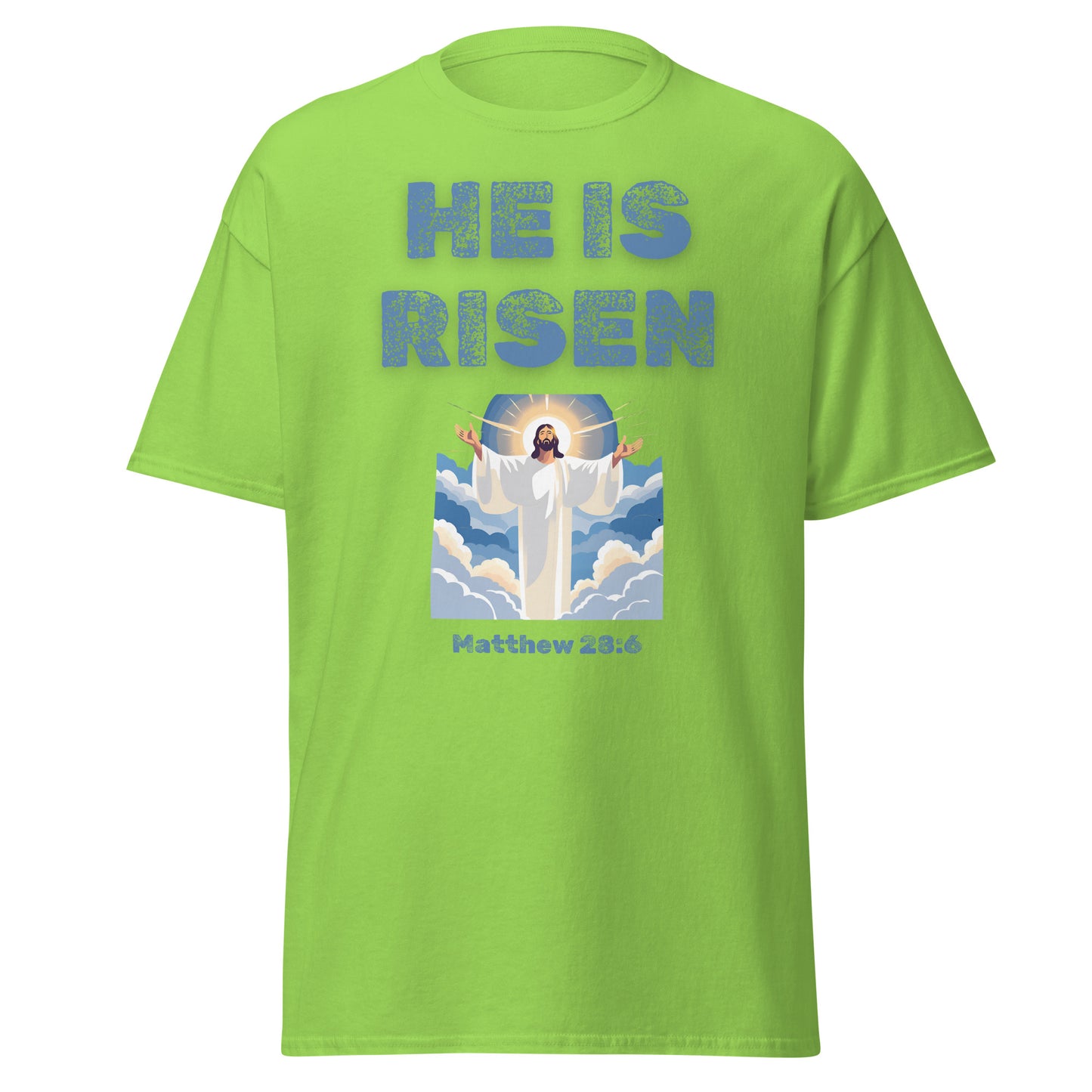 Green Tees of Worship t-shirt with He Is Risen text and Jesus illustration in clouds