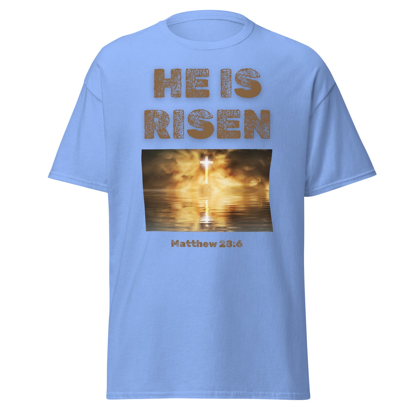Tees of Worship light blue t-shirt with He Is Risen text and glowing cross reflection design