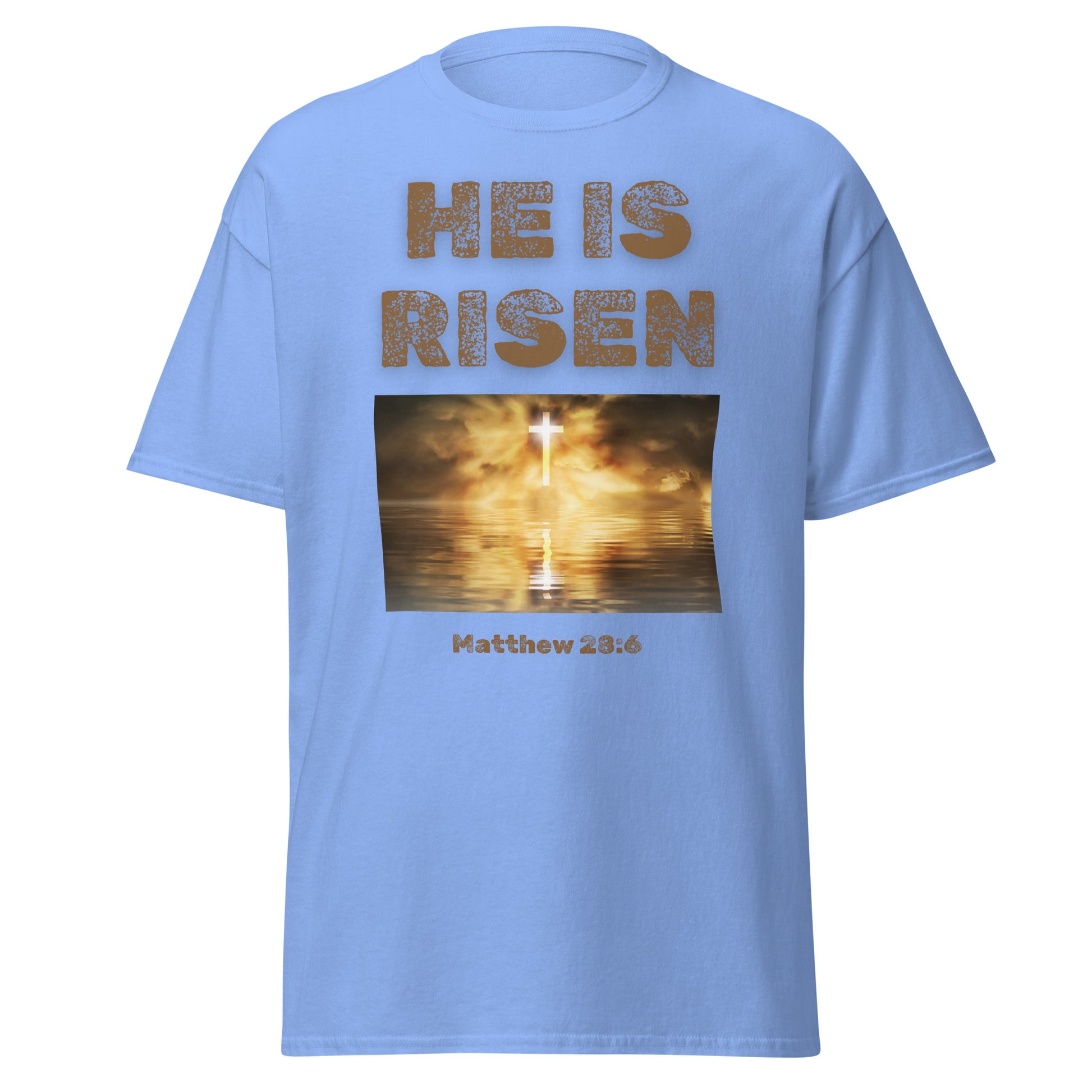 Tees of Worship light blue t-shirt with He Is Risen text and glowing cross reflection design