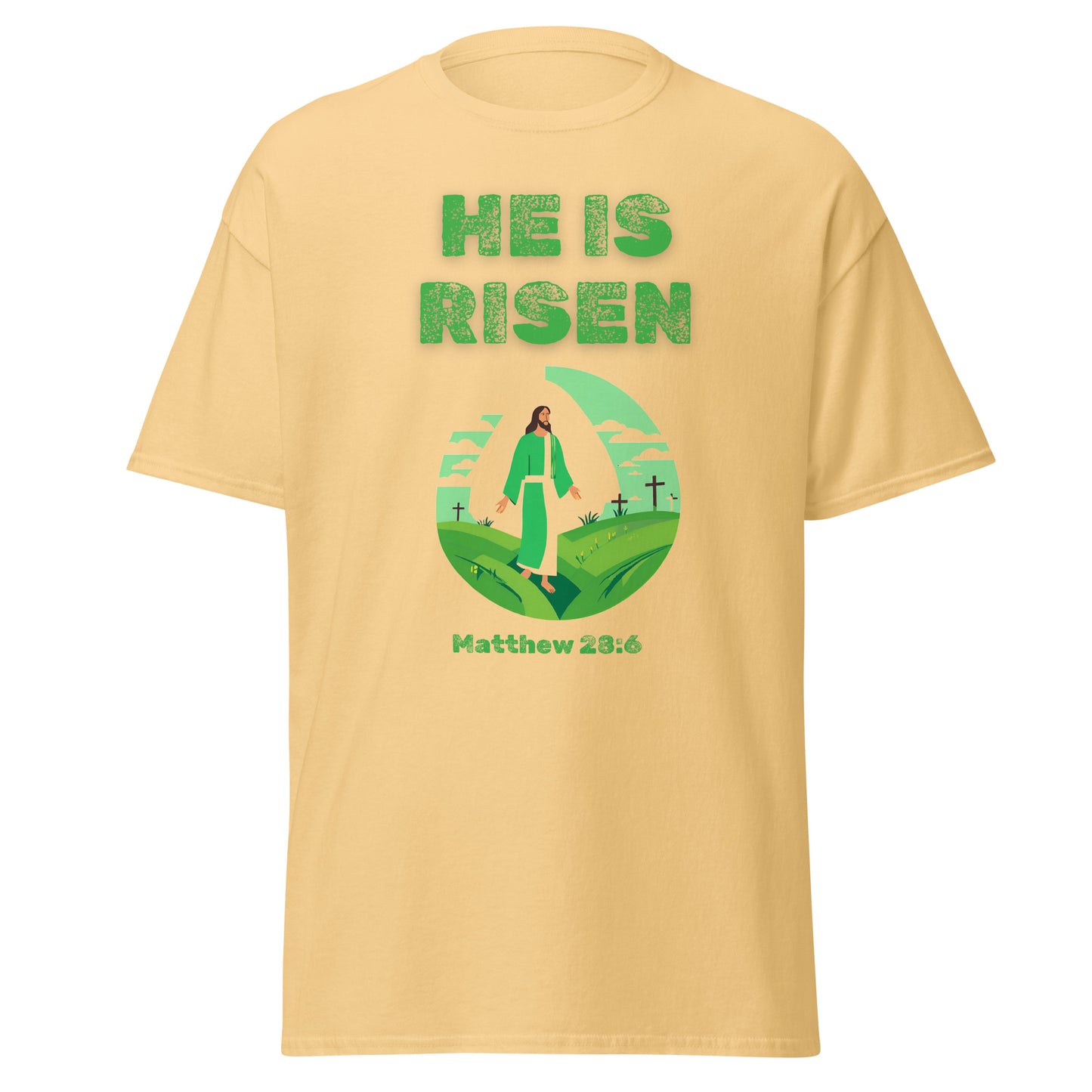He Is Risen beige T-shirt by Tees of Worship with green text and Jesus illustration