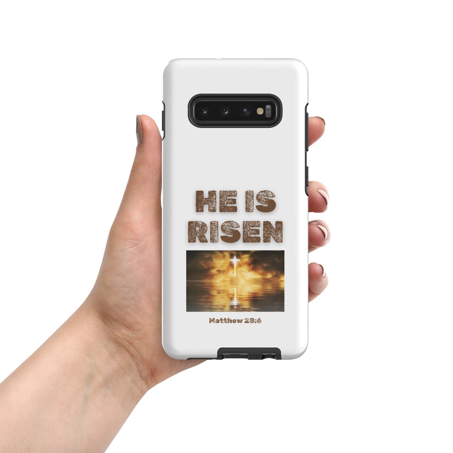 Tees of Worship white phone case with He Is Risen text and a cross with sunrise design