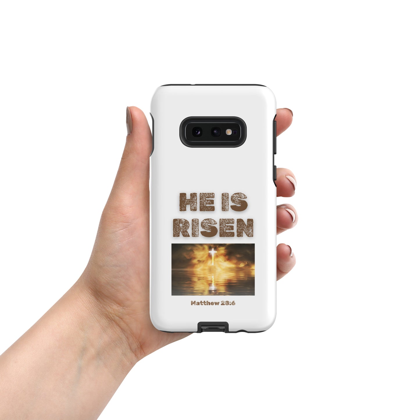 Tees of Worship phone case with He Is Risen text and cross design from Matthew 28 6 scripture
