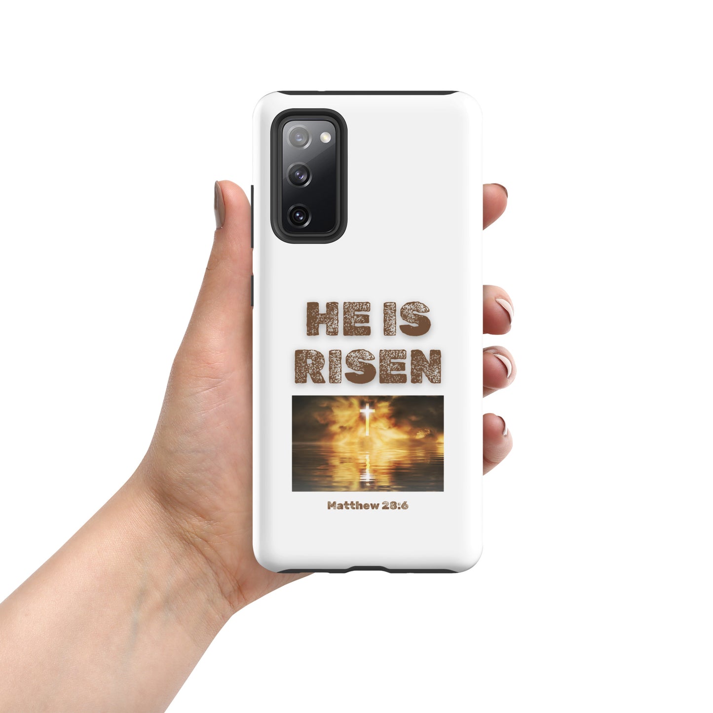 Tees of Worship white phone case with He Is Risen text and cross image with Matthew 28:6 scripture