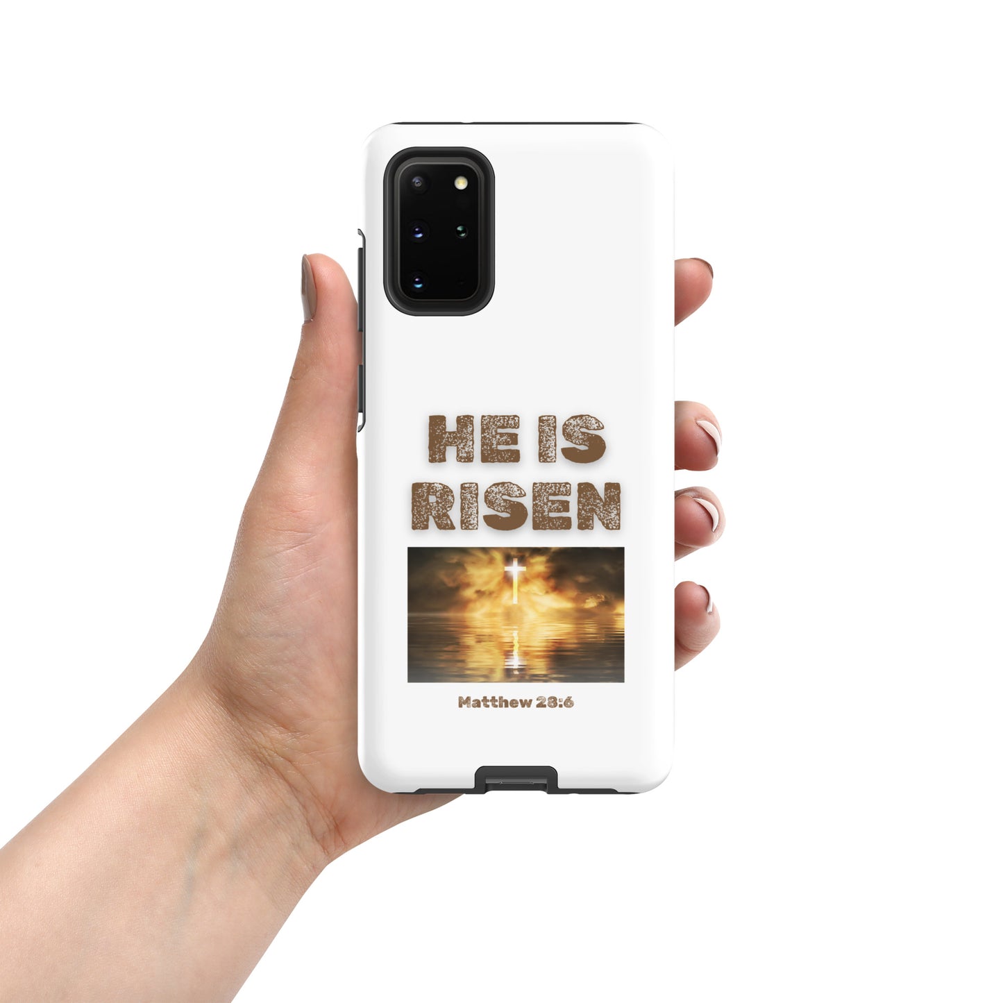 White phone case by Tees of Worship with He Is Risen text and a cross image reflecting in water