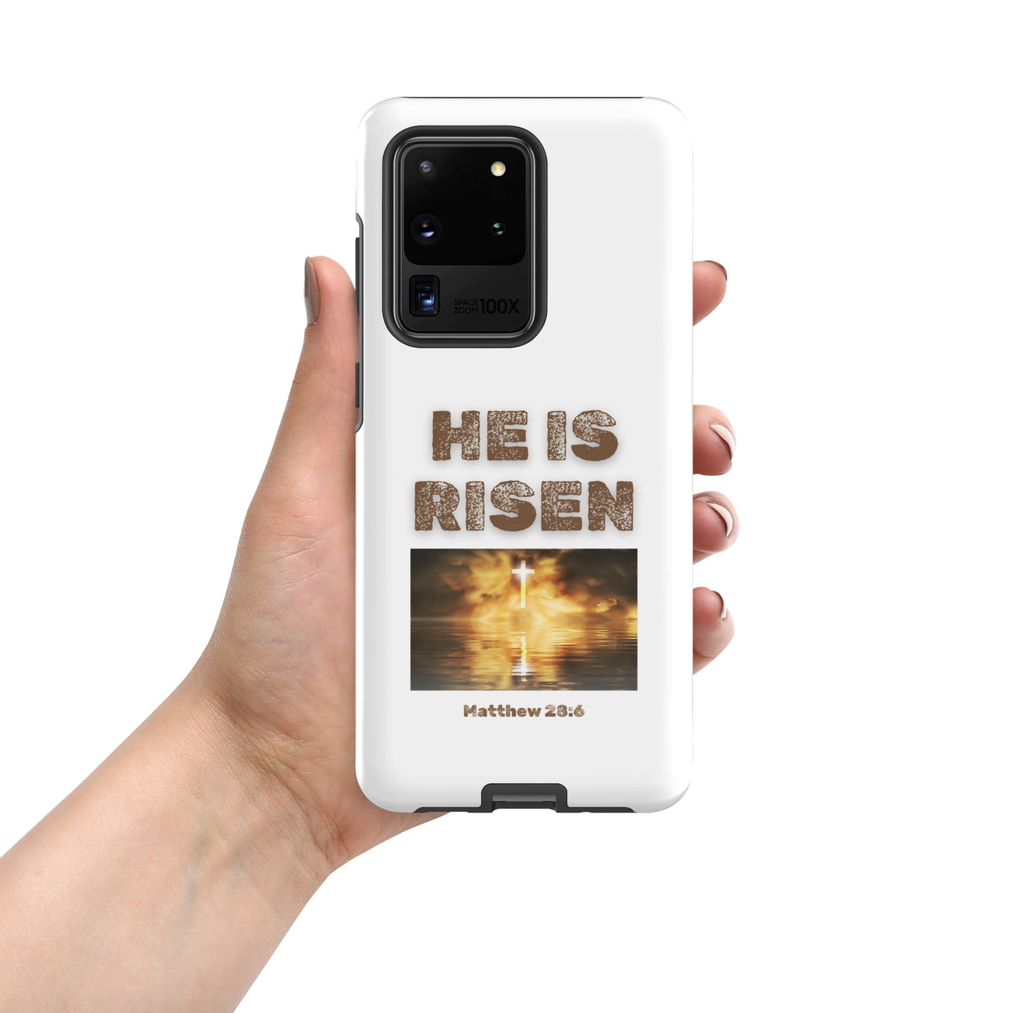 He Is Risen phone case by Tees of Worship with religious text and sunset cross design