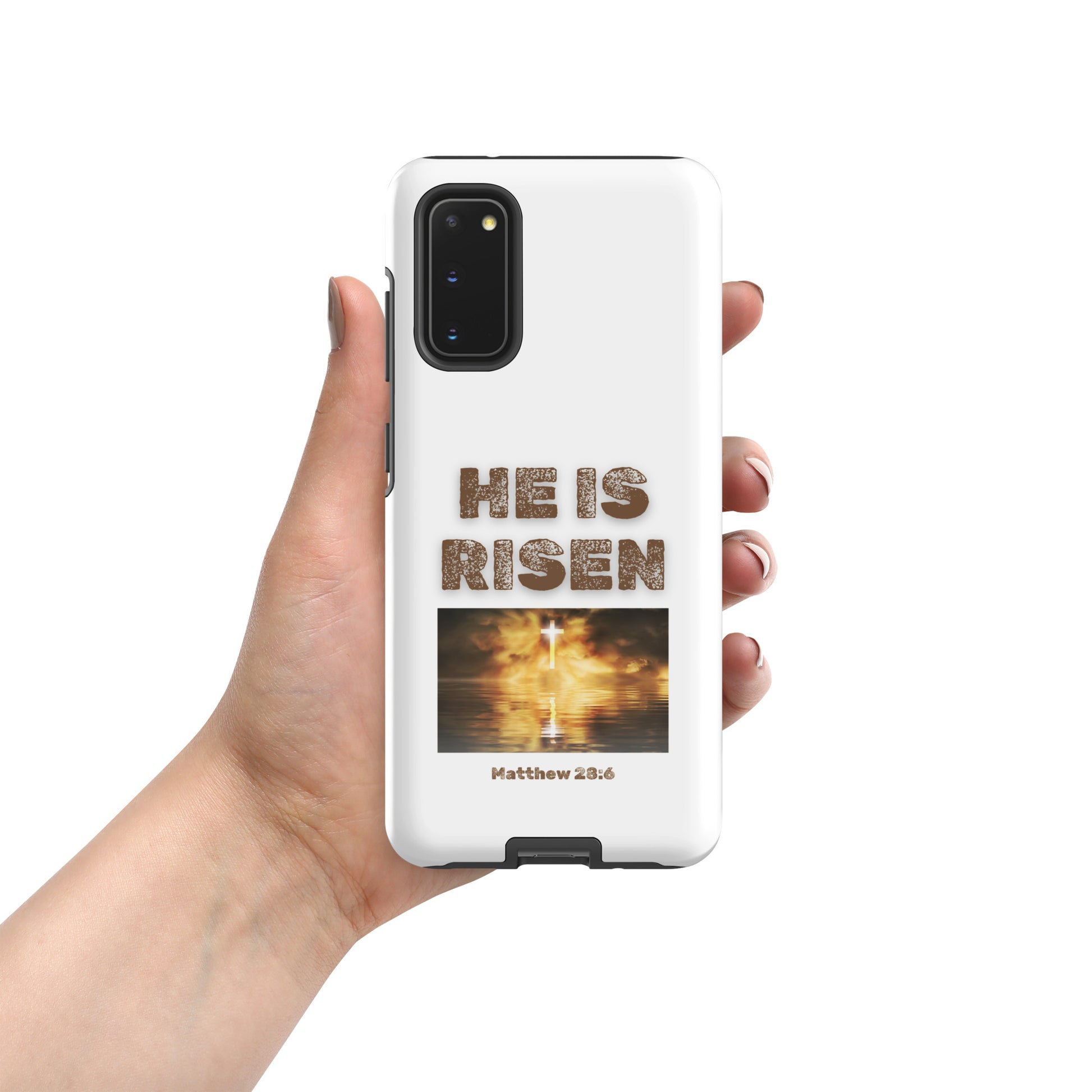 White phone case by Tees of Worship with He Is Risen text and a glowing cross design
