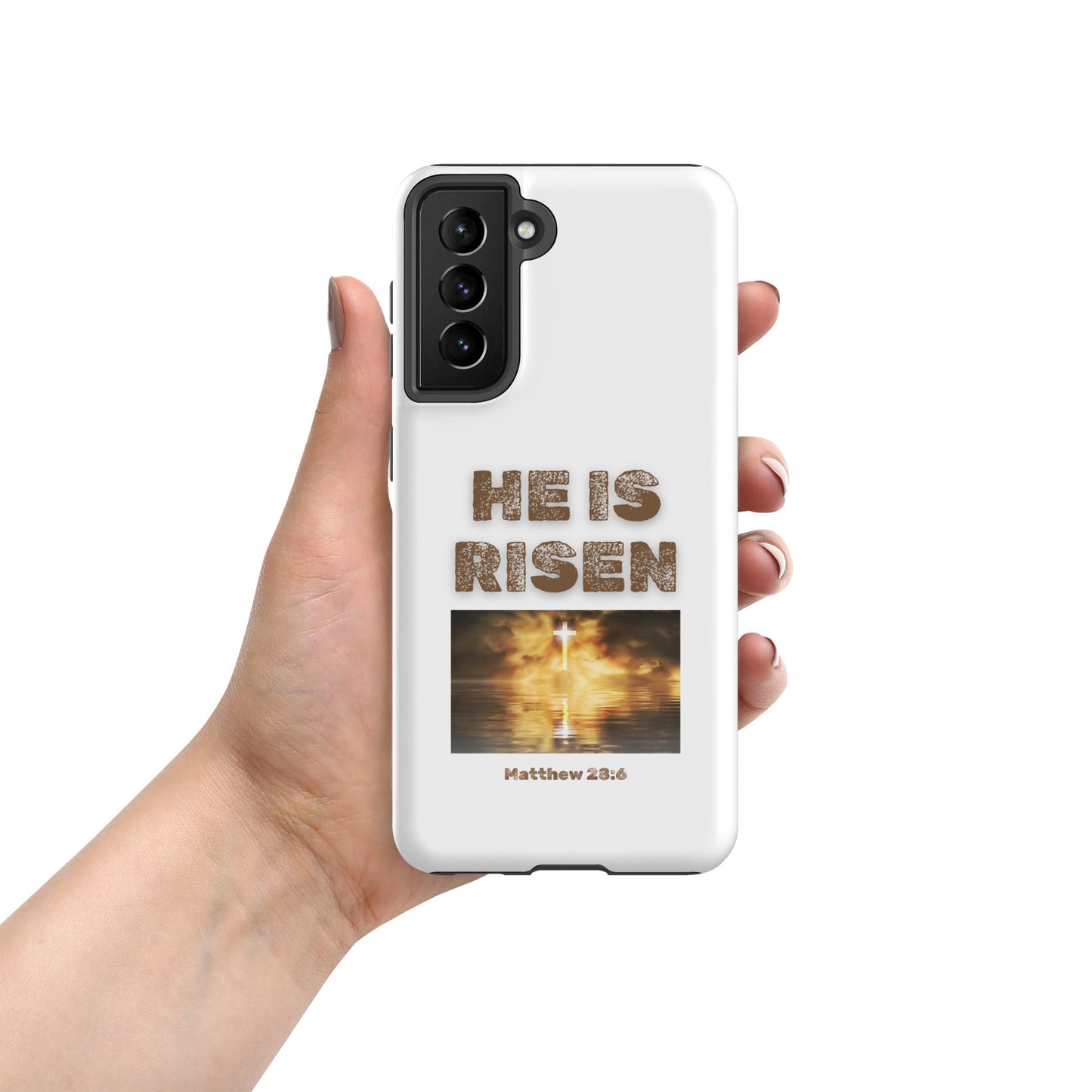 White phone case from Tees of Worship with He Is Risen text and cross reflection design