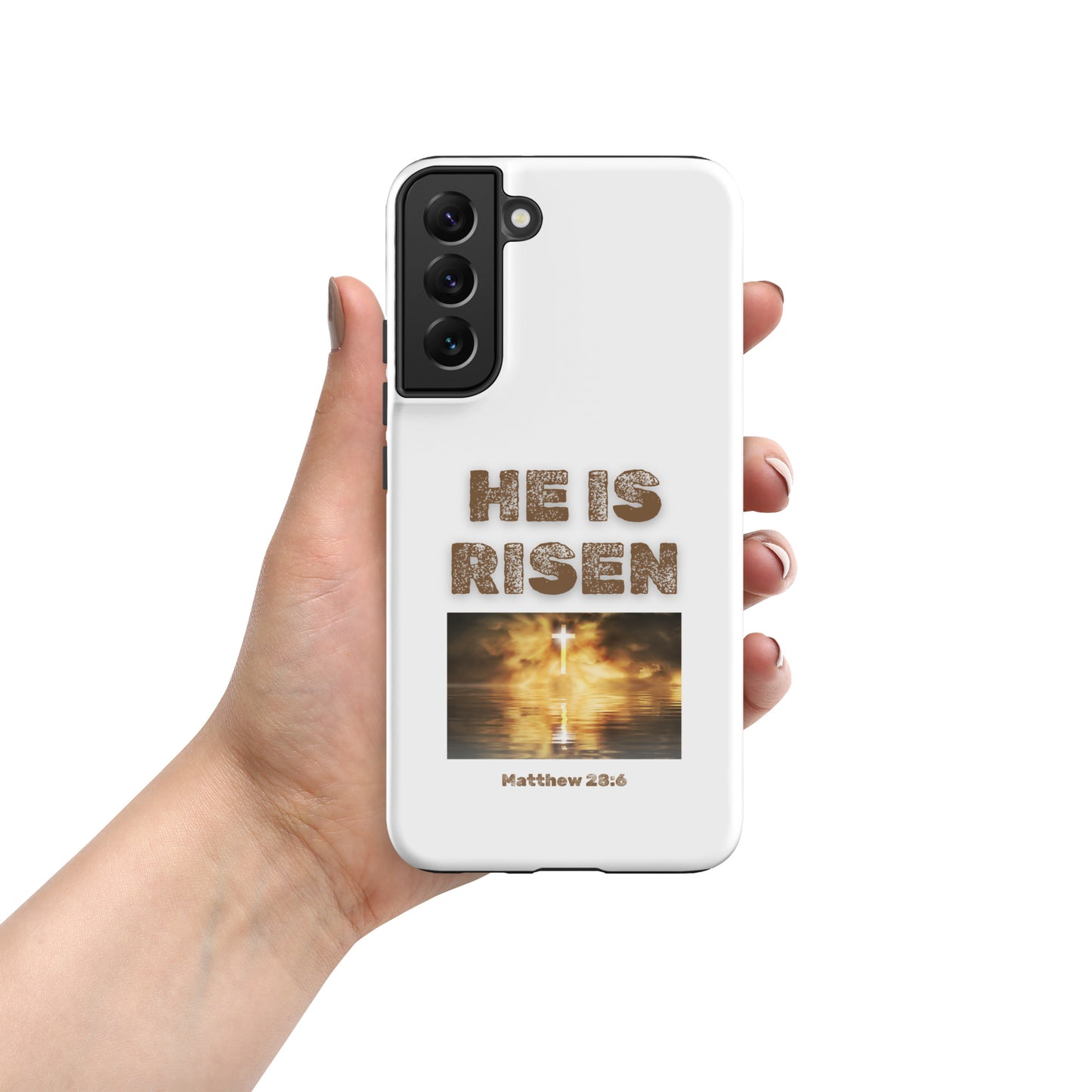 Tees of Worship phone case with He Is Risen text and Matthew 28:6 scripture over sunrise cross design