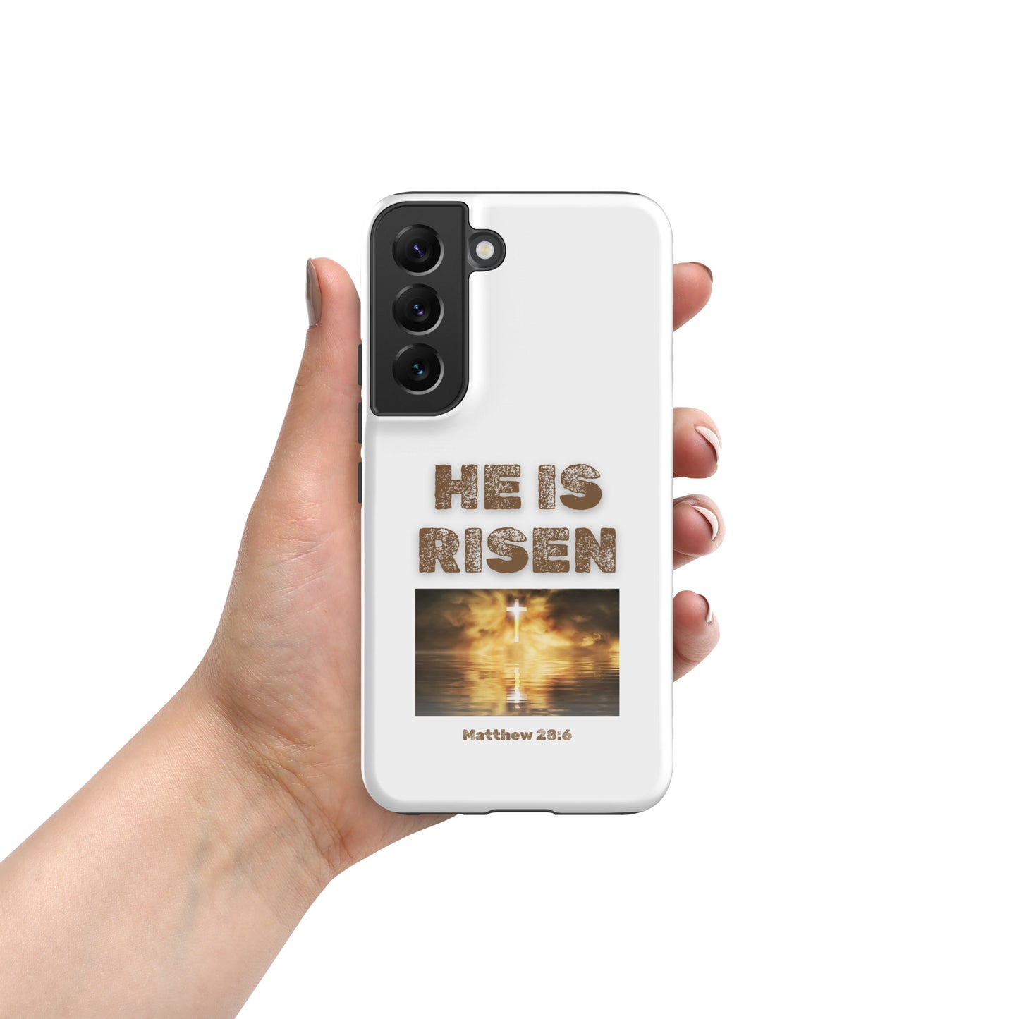 White phone case from Tees of Worship with He Is Risen text and cross image Matthew 28 6