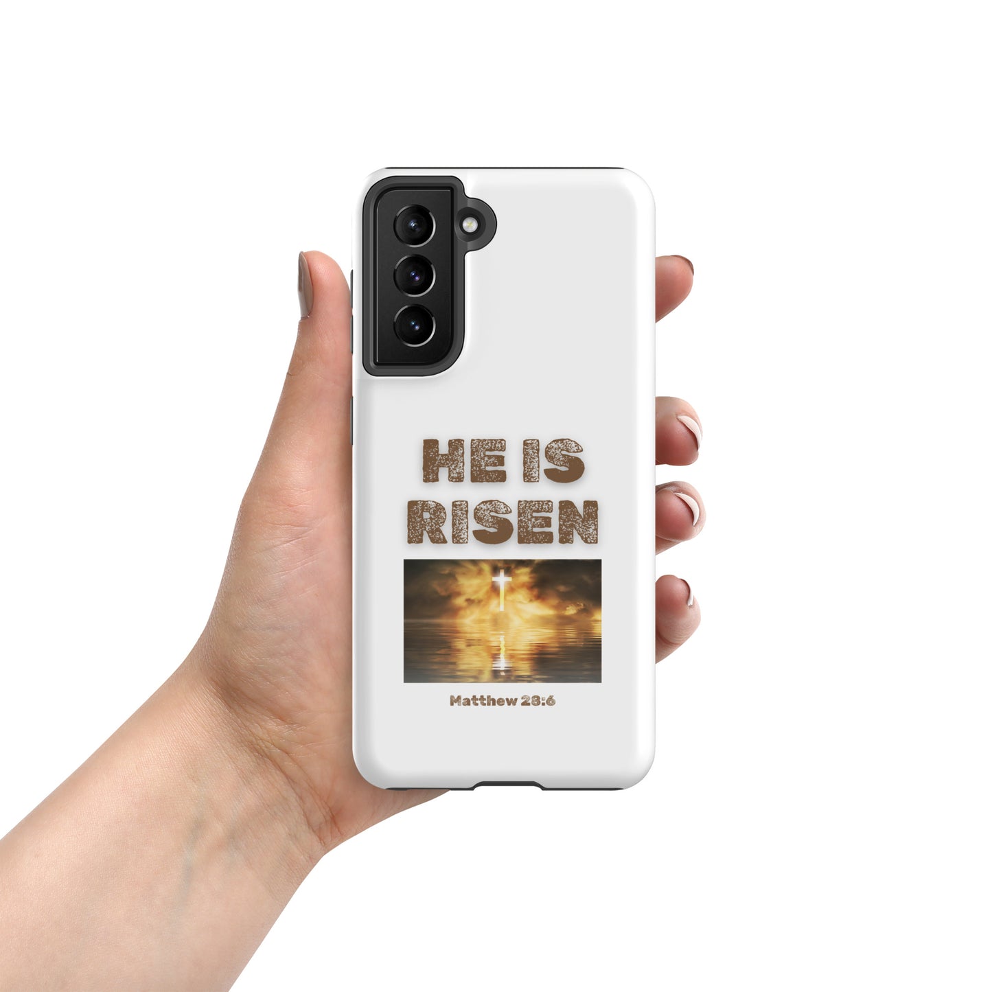 Tees of Worship phone case with He Is Risen text and Matthew 28:6 Bible verse design