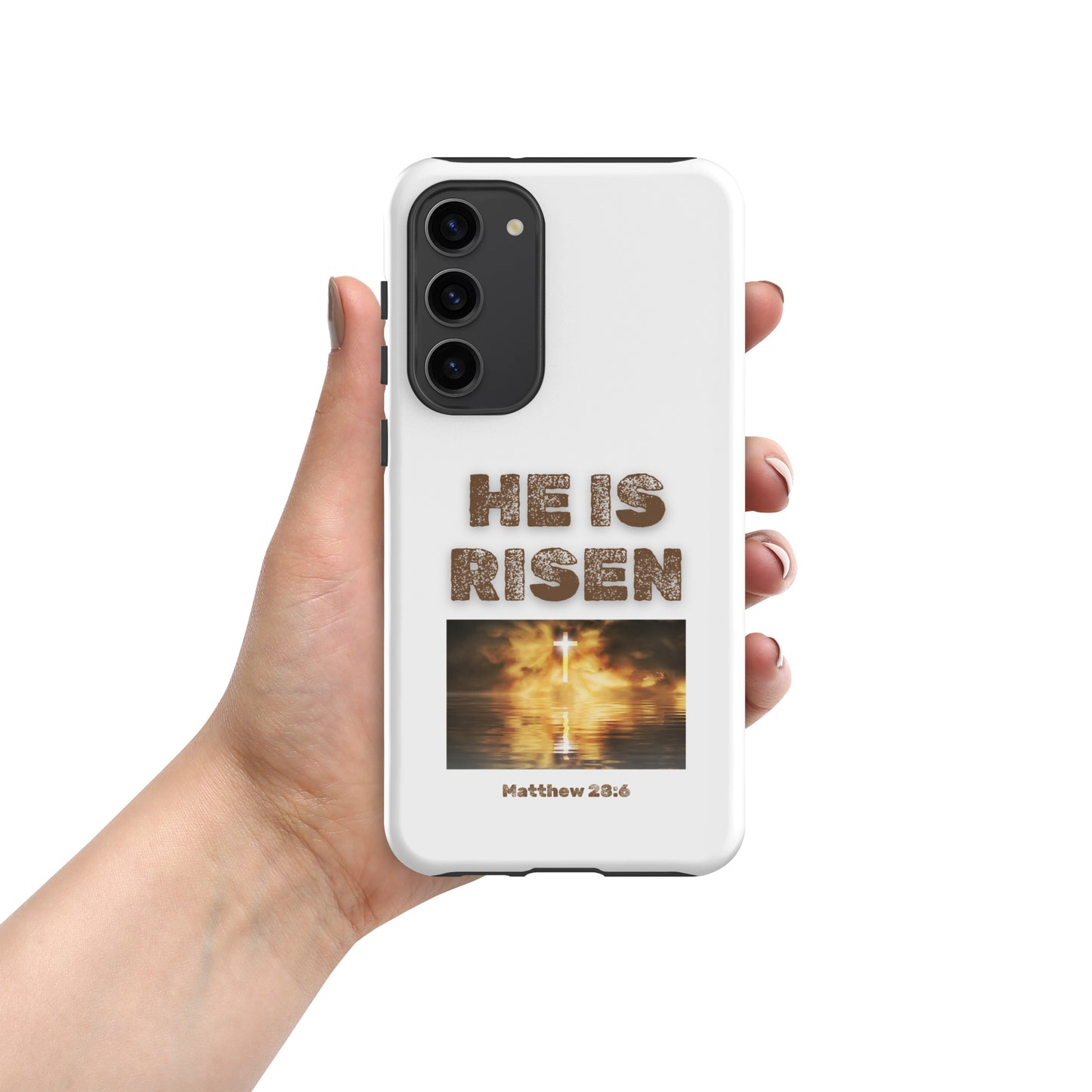Tees of Worship white phone case with He Is Risen text and Matthew 28 6 Bible verse design