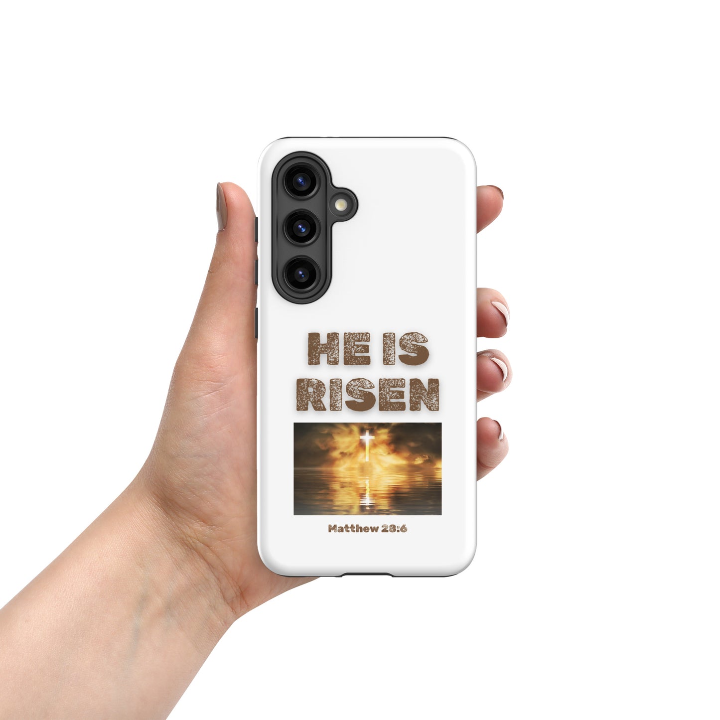 Tees of Worship phone case with He Is Risen text and Matthew 28:6 scripture and cross design