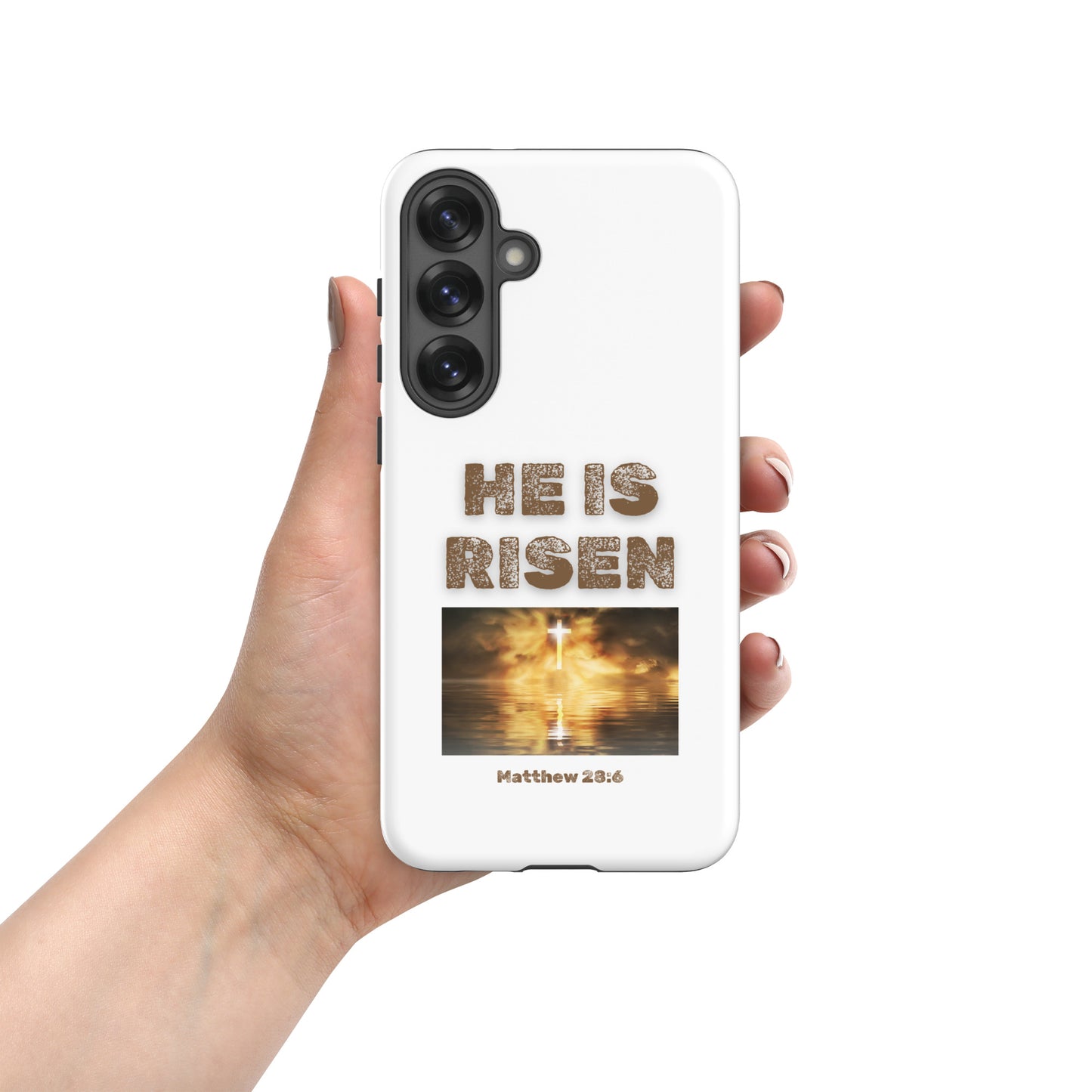 Tees of Worship phone case with He Is Risen text and Matthew 28:6 scripture design